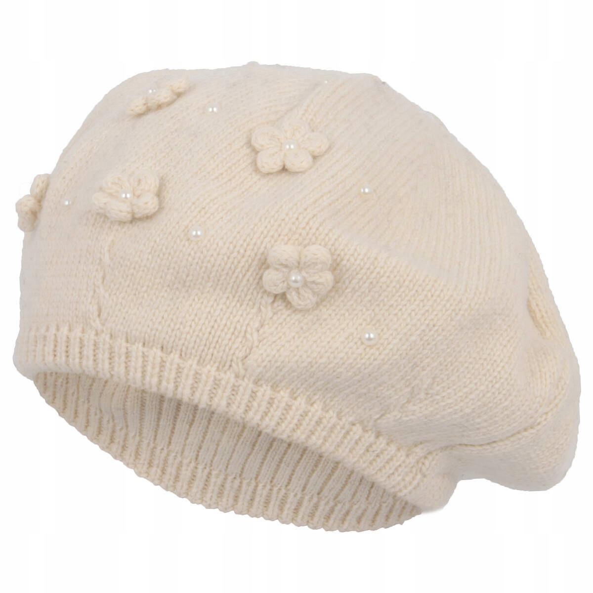 

W336B Damski Modny Beret Z Kwiatuszkami Beżowy