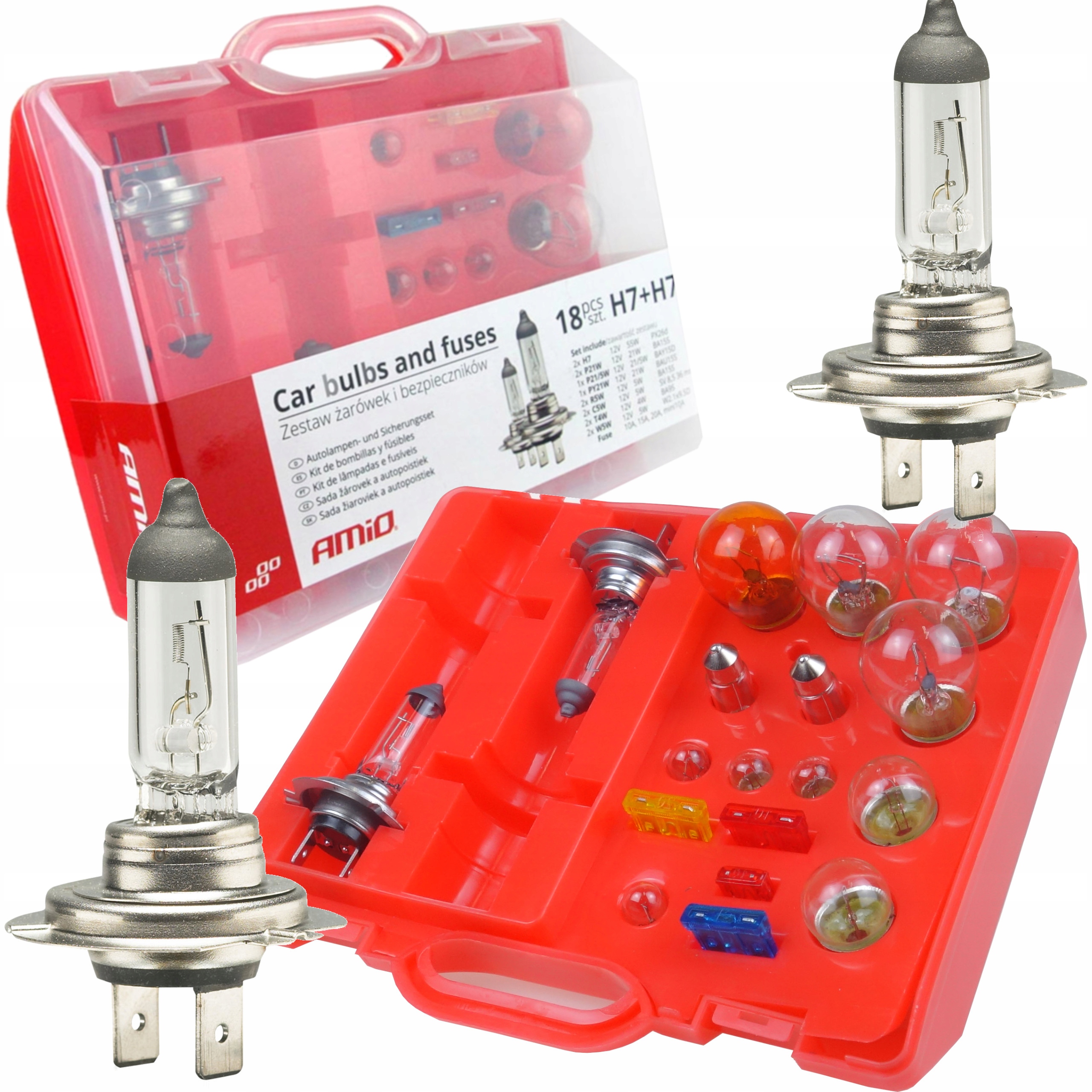 Niezbędny Zestaw żarówek i bezpieczników zasobnik 18 szt 2xH7 AMIO-01494