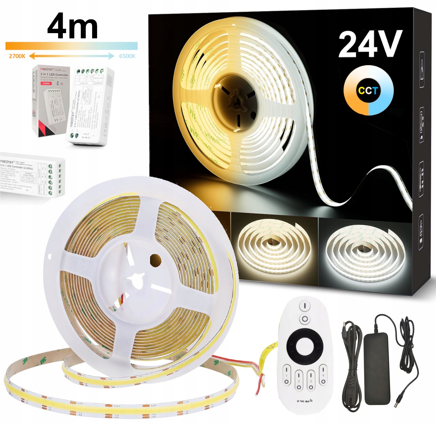Led pásik 4 m Cob Cct 24V S Variabilnou Farbou 2700K-6500K Ovládač Napájací Zdroj