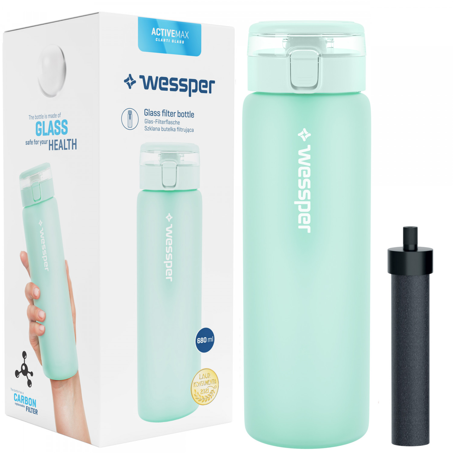 Szklana Butelka Filtrująca Wessper ActiveMax Clarti 0,7l + 1x Filtr wody
