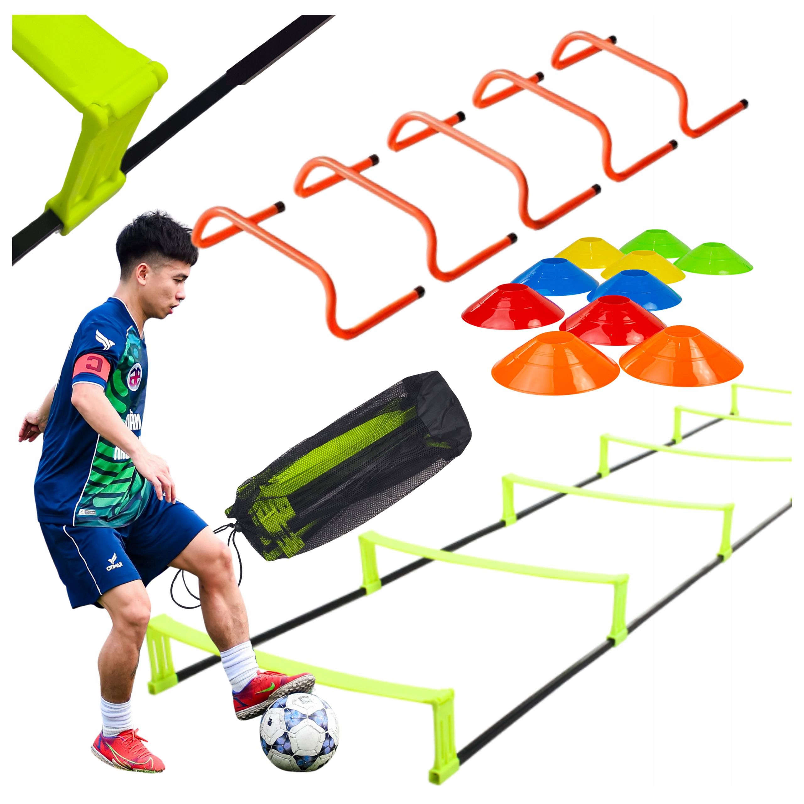 Zestaw piłkarski agility drabinka podwyższana 2,15m pachołki płotki grzybki