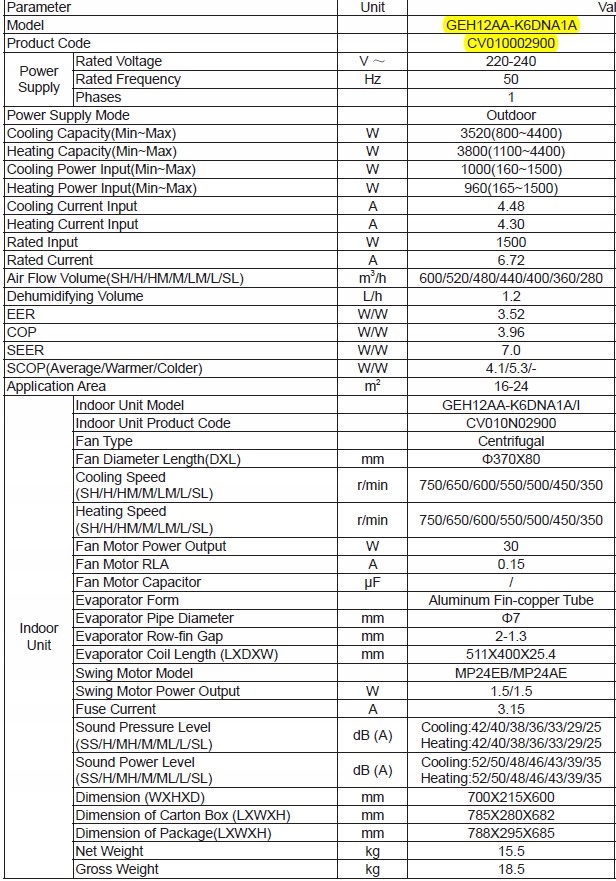 Najtańsza pompa ciepła. R32. Konsola przypodłogowa Kod producenta CV010002900