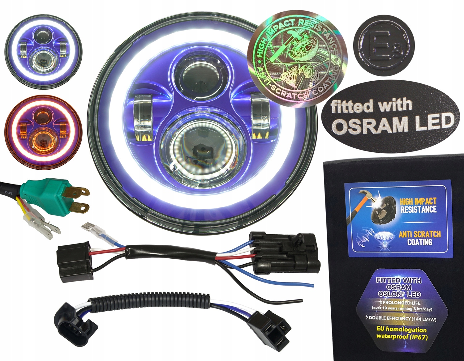 Lampa 7 palcov Led Osram 144 lm/W s Drl Anti-Scratch E homologáciou pre Harley