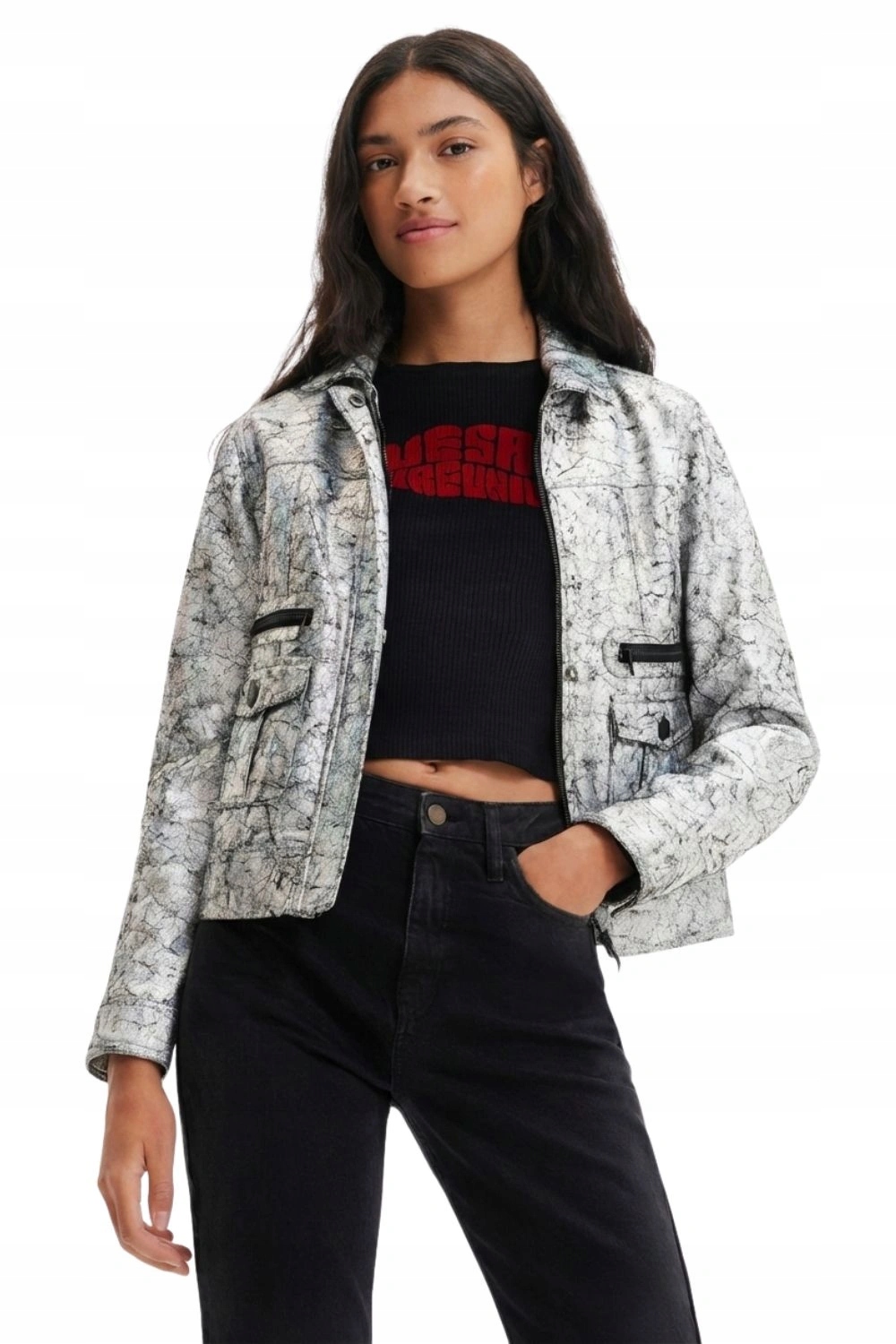 Dámská přechodová bunda Desigual krátká metalická stříbrná crackle vel.