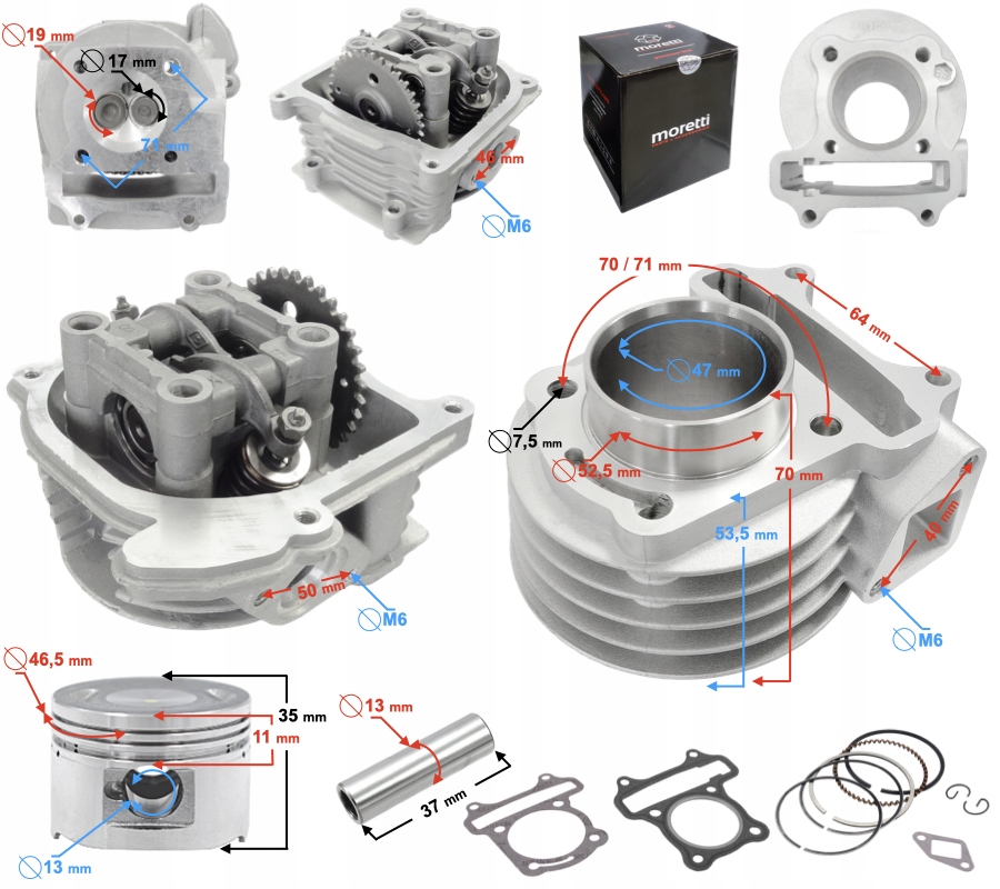Cylindr a hlavice Moretti pro skútr 4T 80cc 139QMB krátké ventily GY6