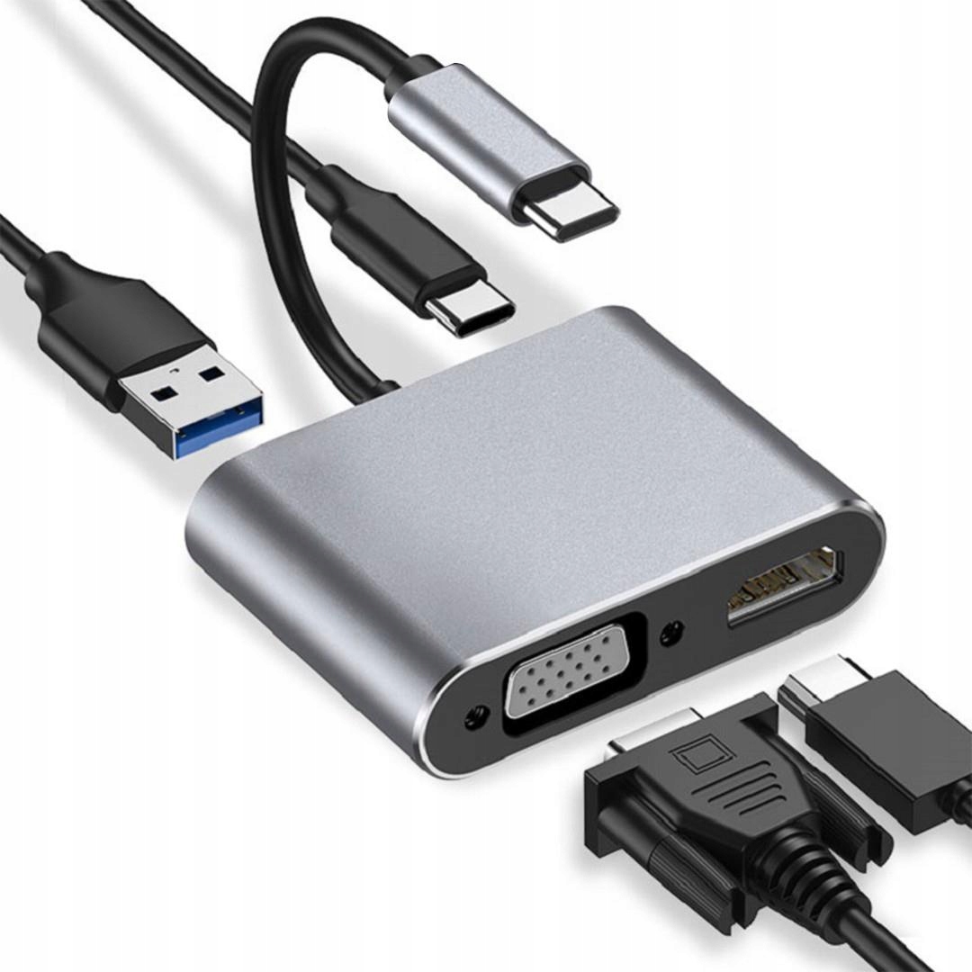 Hub Usb Typ-C 4w1 Usb 3.0 Pd 100W Hdmk 4k30Hz Vga FullHD