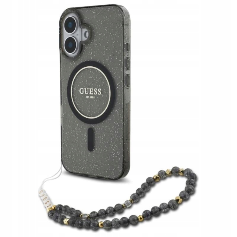 Guess IML Glitter With Pearl Strap MagSafe – Pouzdro pro iPhone 16 (černé)