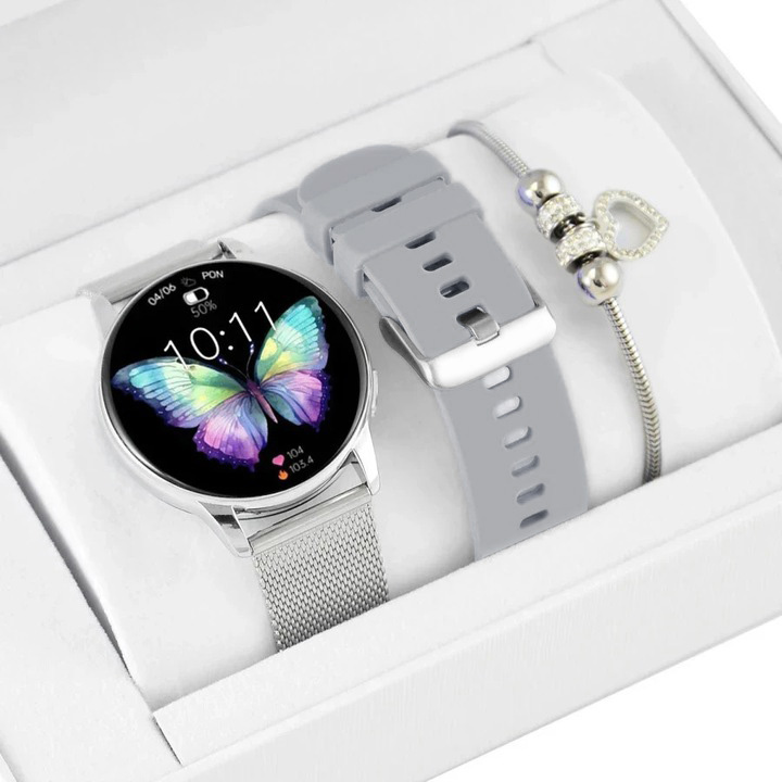 Dámská sada hodinek Chytré Hodinky Rubicon Stříbrné 2 Řemínky Náramek