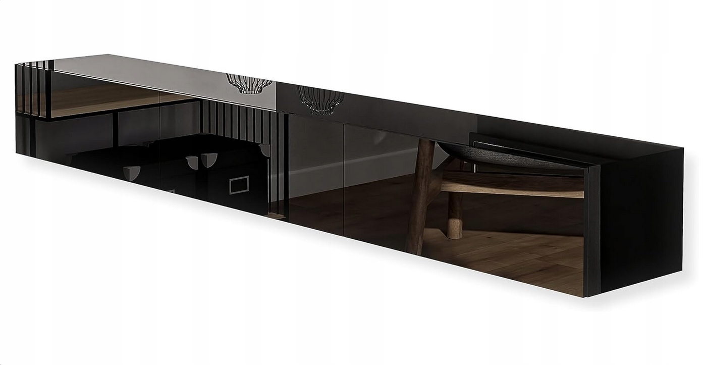 Szafka Rtv czarna 270x40x35 cm wysoki połysk nowoczesna pod telewizor