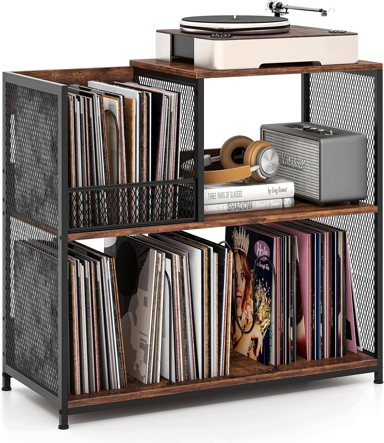 Stojan Na Vinylové Platne, 300 Albumov, 3 Úrovne, Kovový Rám, Hnedý