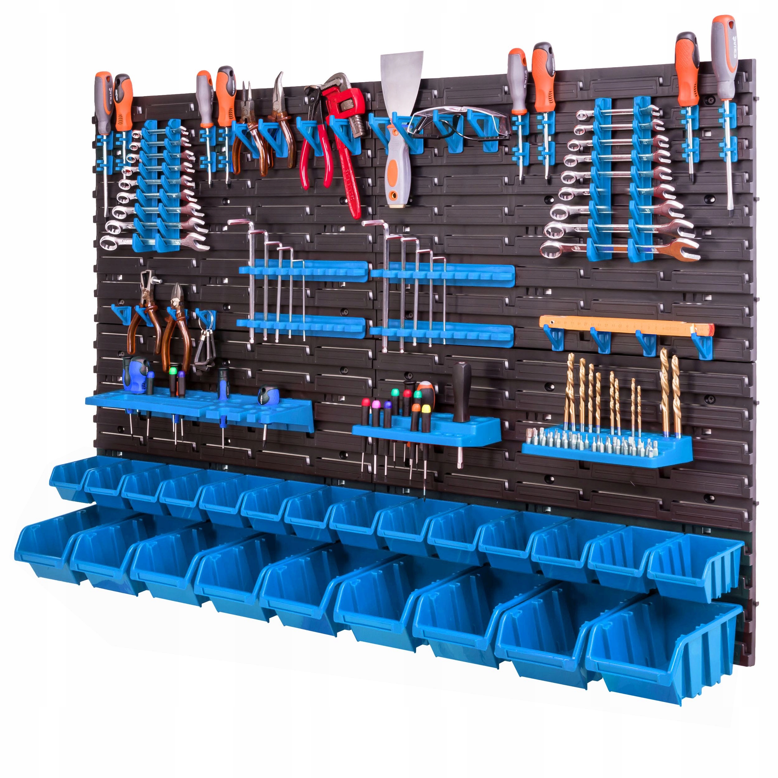 Dílenská nástěnná deska na nářadí 115x78 cm 23 boxů/úložných nádob, modrá