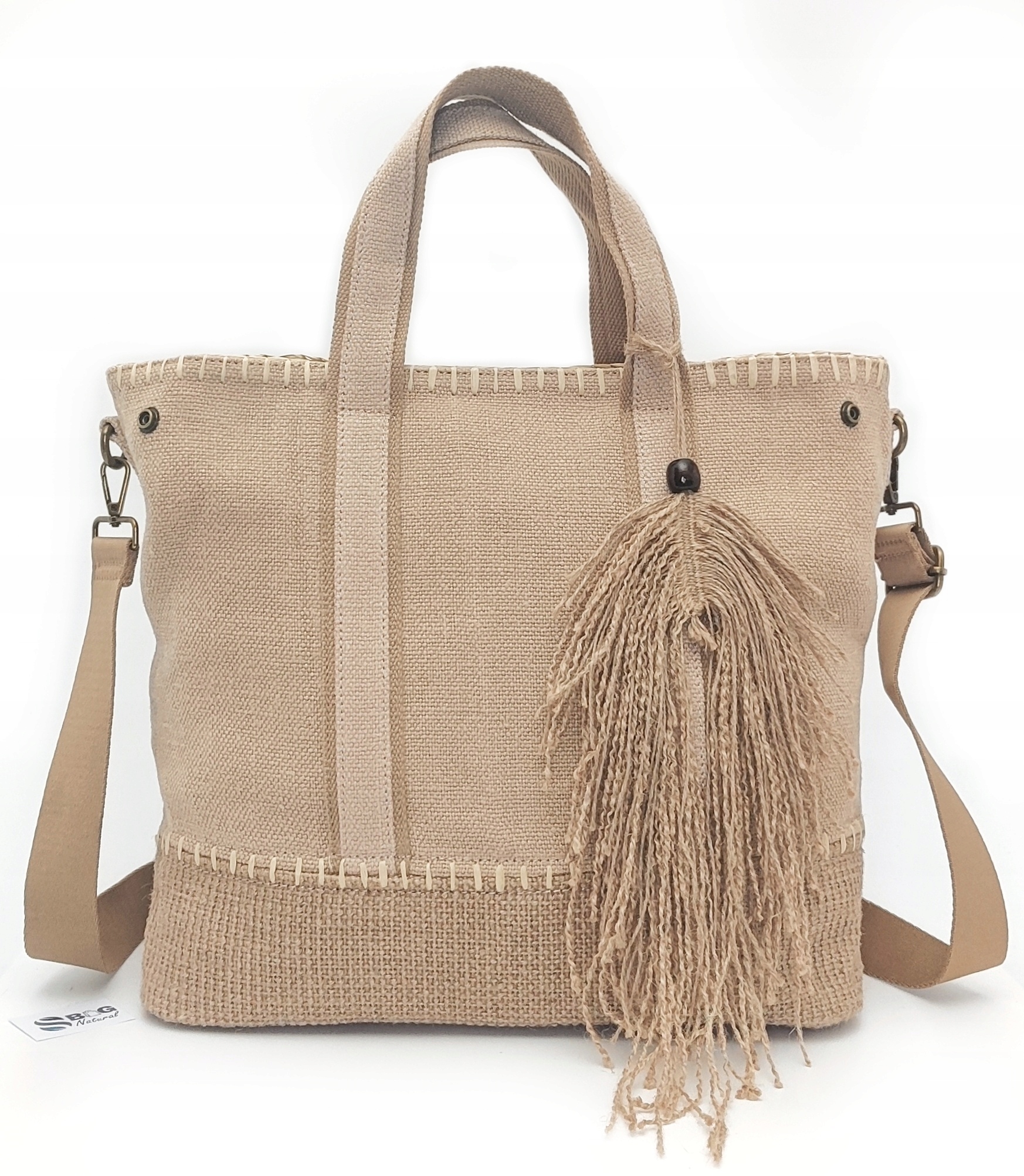 Lniana Torebka A4 Boho Juta Chwost Wegańska Letnia Pojemna Shopperka