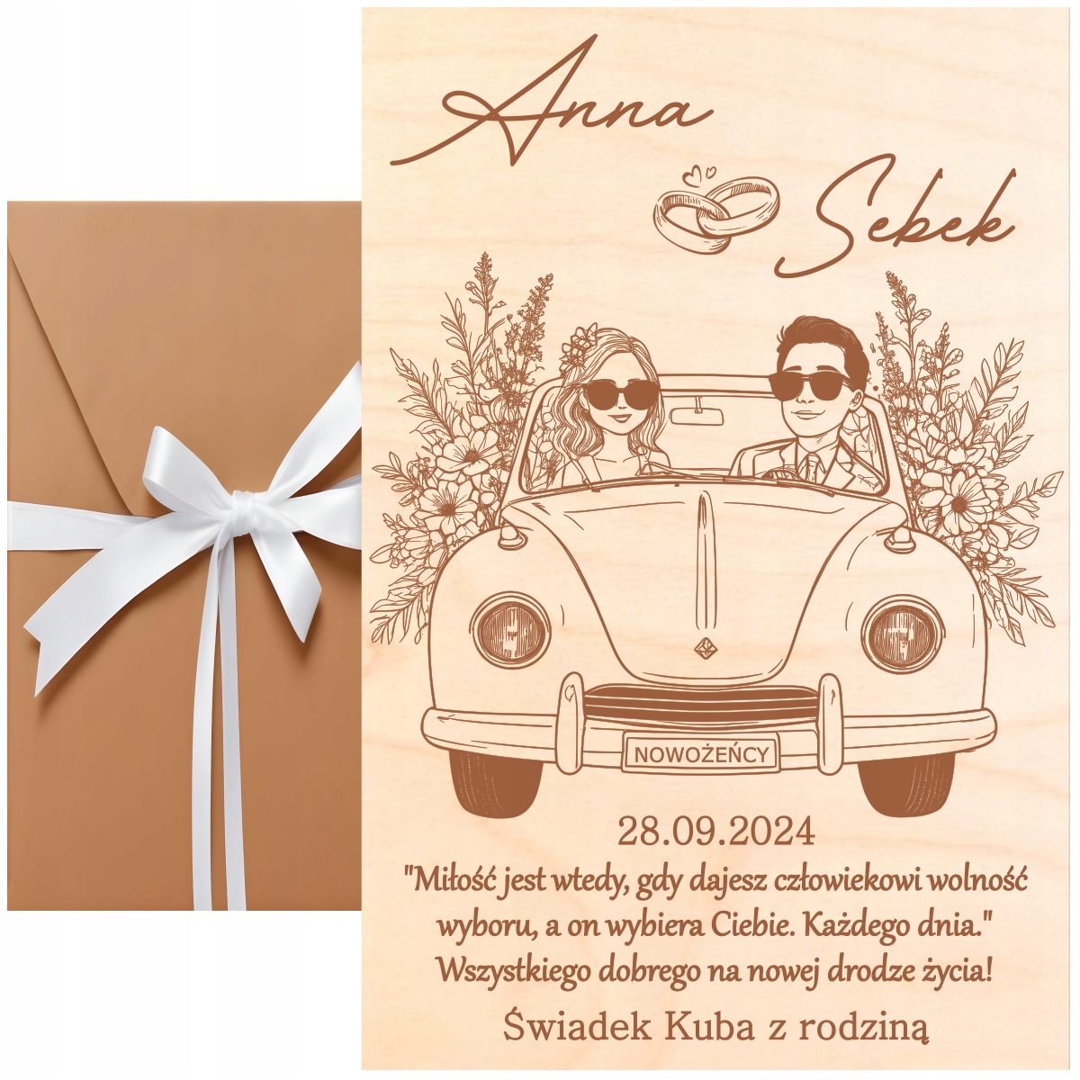 DREWNIANA TABLICZKA PAMIĄTKA KARTKA ŚLUBNA PREZENT DLA PARY MŁODEJ GRAWER