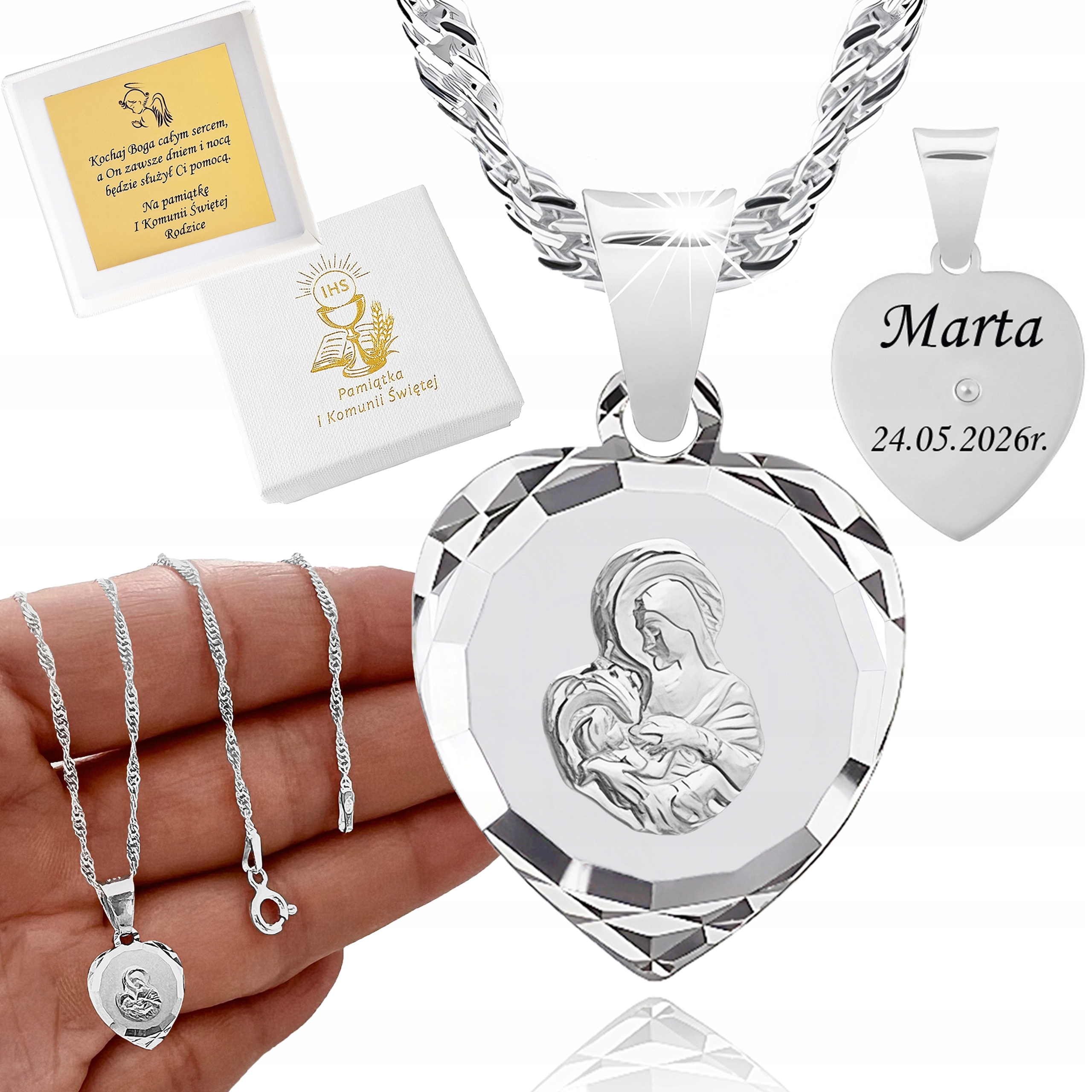 Łańcuszek Srebrny Medalik Komunijny Matka Boska do Komunii na Chrzest 40 cm