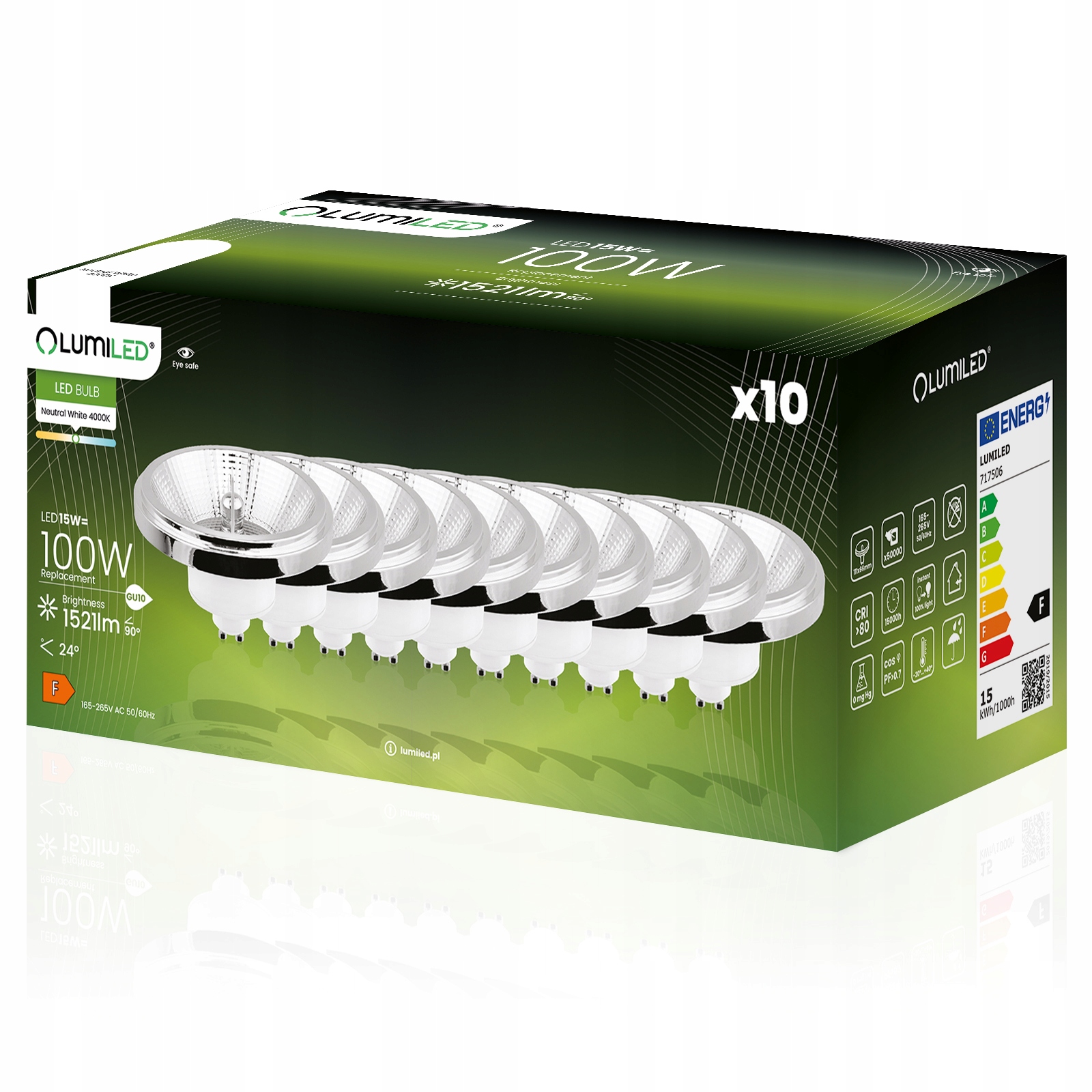 10 x Led žiarovka GU10 AR111 ES111 15W 100W 4000K 24° strieborná Lumiled