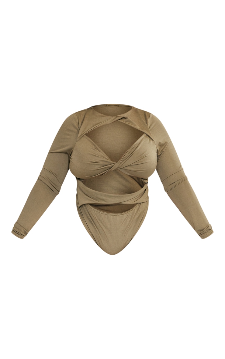 PrettyLittleThing BODY KHAKI WYCIĘCIA DŁUGI RĘKAW R.6XL K203113 Dekolt głęboki dekolt