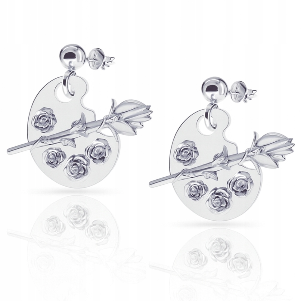 Paleta barev s růží Frida Kahlo, stříbrné náušnice na puzetku, stříbro 925