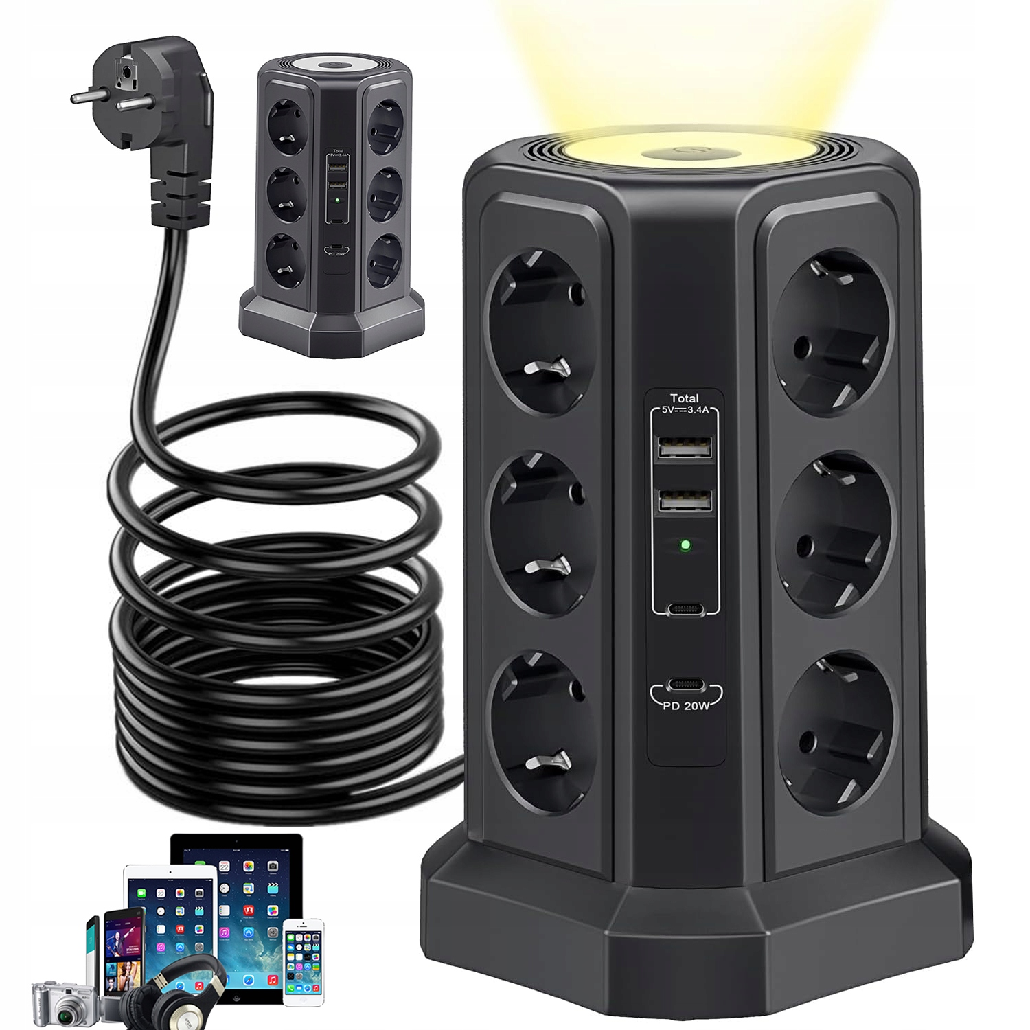 Prodlužovací Zásuvková Lišta Stojící 12 Zásuvek 2X Usb-a 2X Typ C S Lampičkou