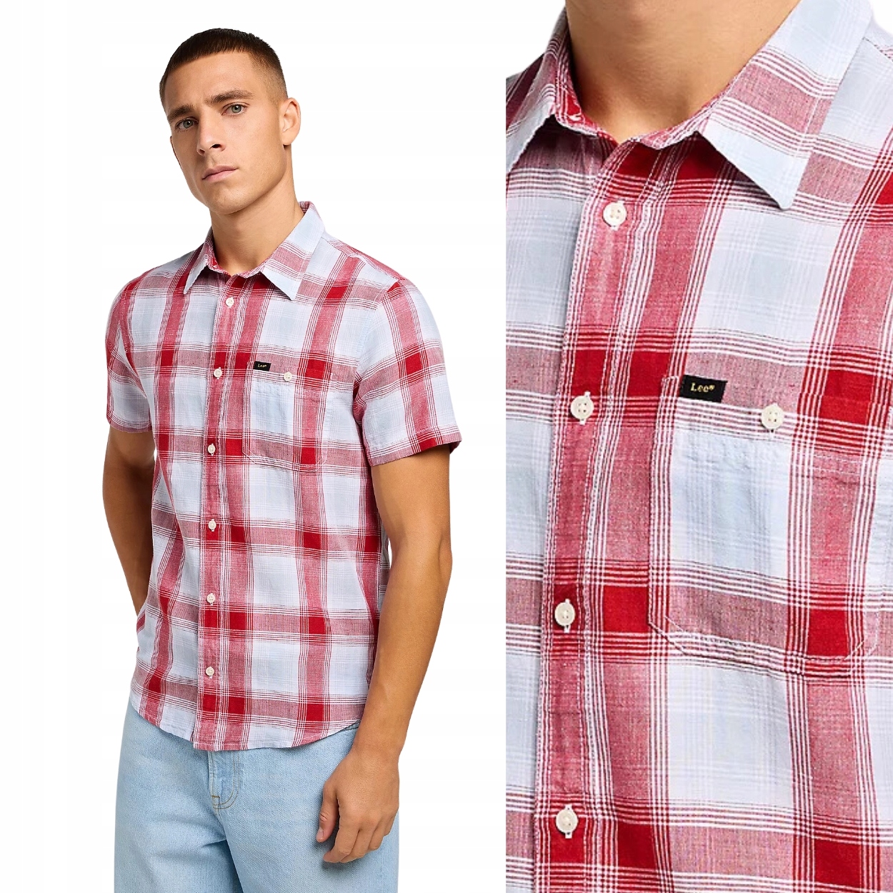 Lee Ss Leesure Shirt Garnet Check lněná kostkovaná košile s krátkým rukávem M