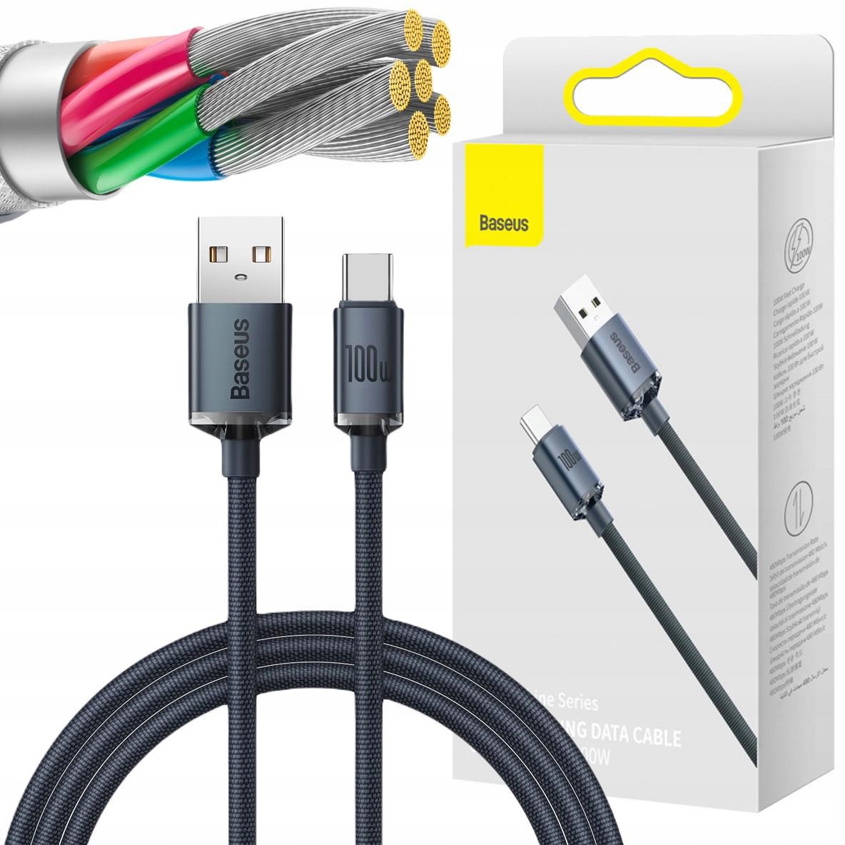 Kabel Przewód Typ-c Quick Charge 3.0 Pd 100W 480Mb/s Baseus Crystal 120cm-Zdjęcie-0