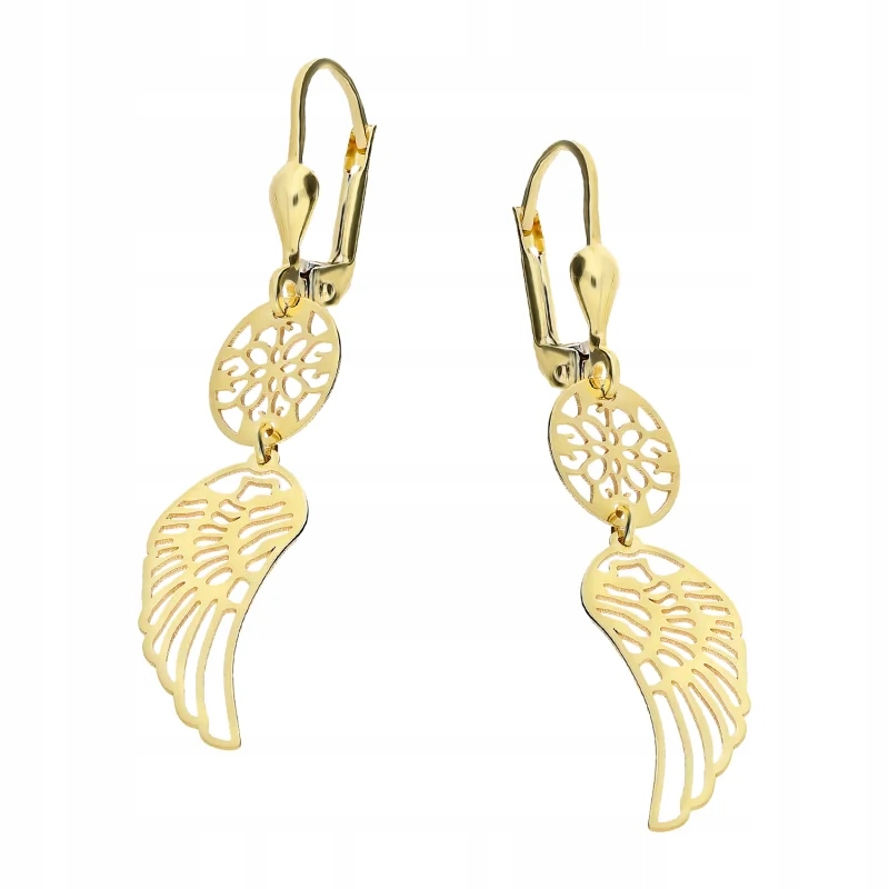 Zlaté dámské náušnice 585 s moderním prolamovaným vzorem a visícími křídly, dárek 1,97