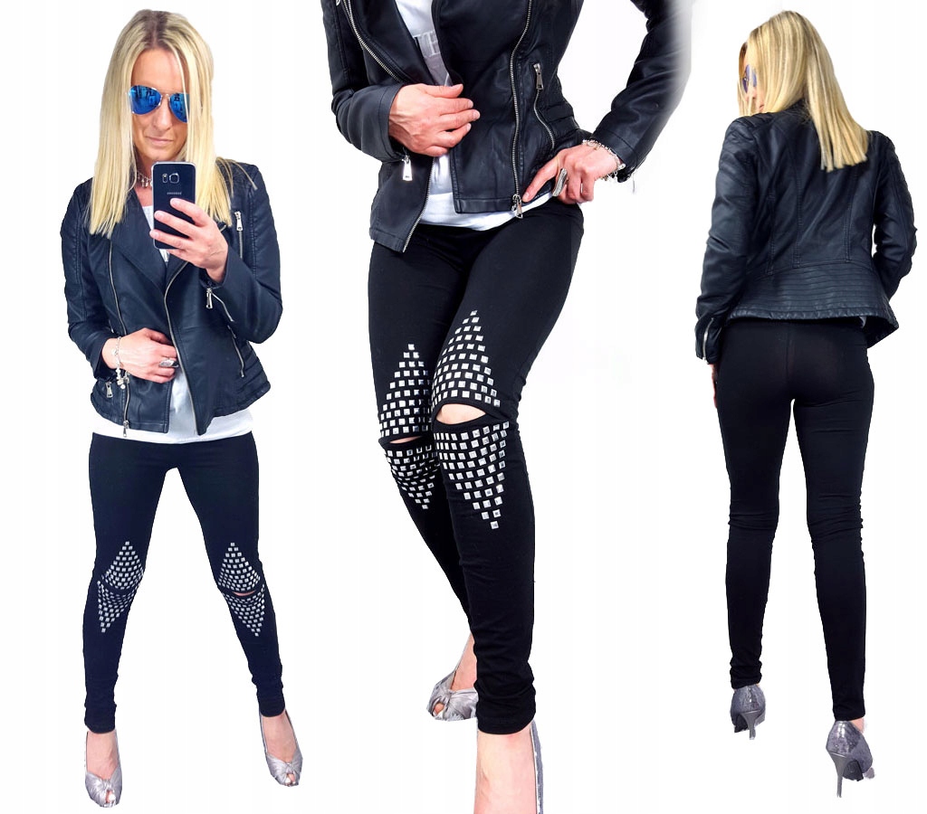 

Spodnie Legginsy Rurki Ćwieki Ripped Getry Dziury