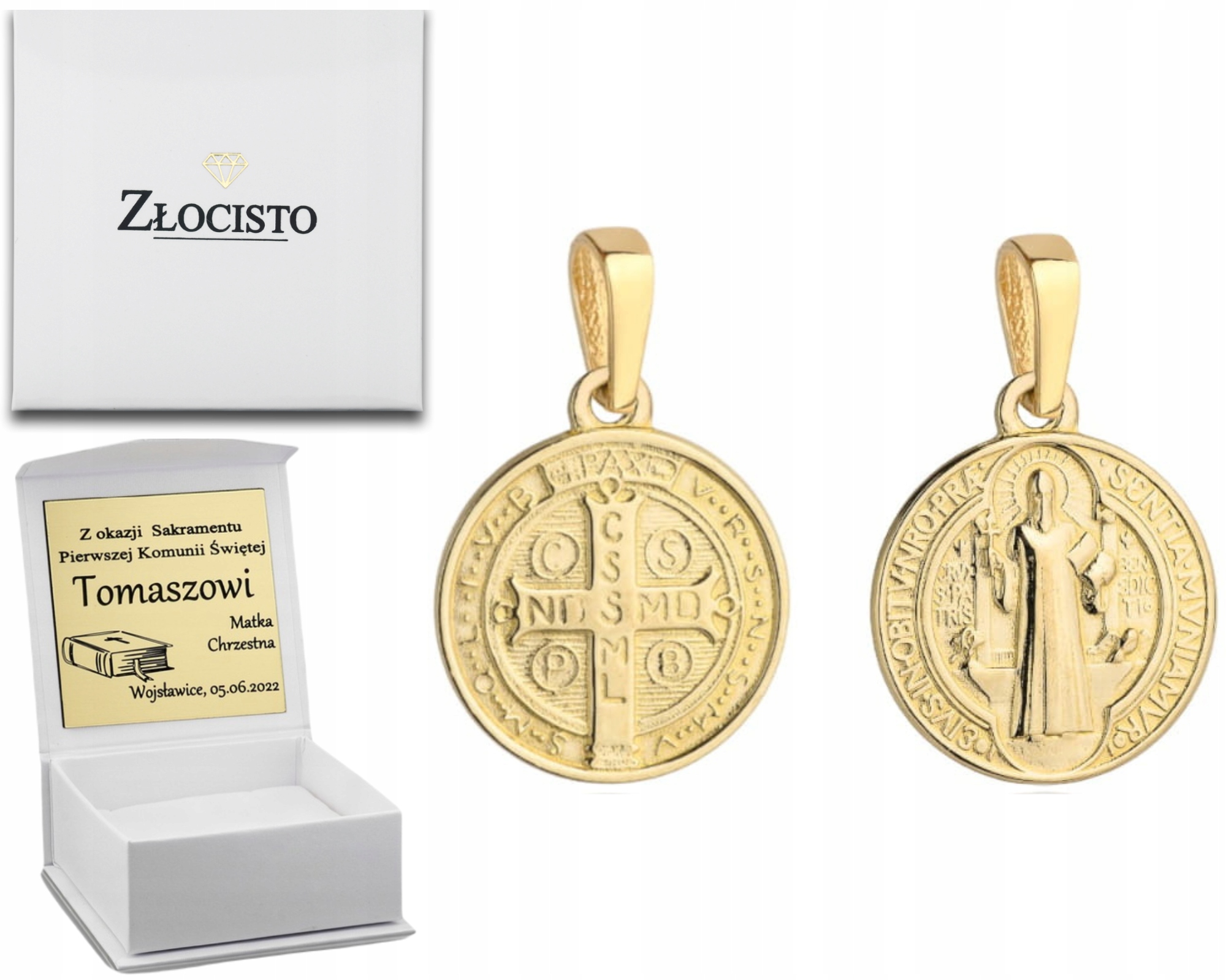 Zlatý Medailonek Svatý Přívěsek Benedikt 585 14K Svaté Přijímání jako Dárek Gravírování