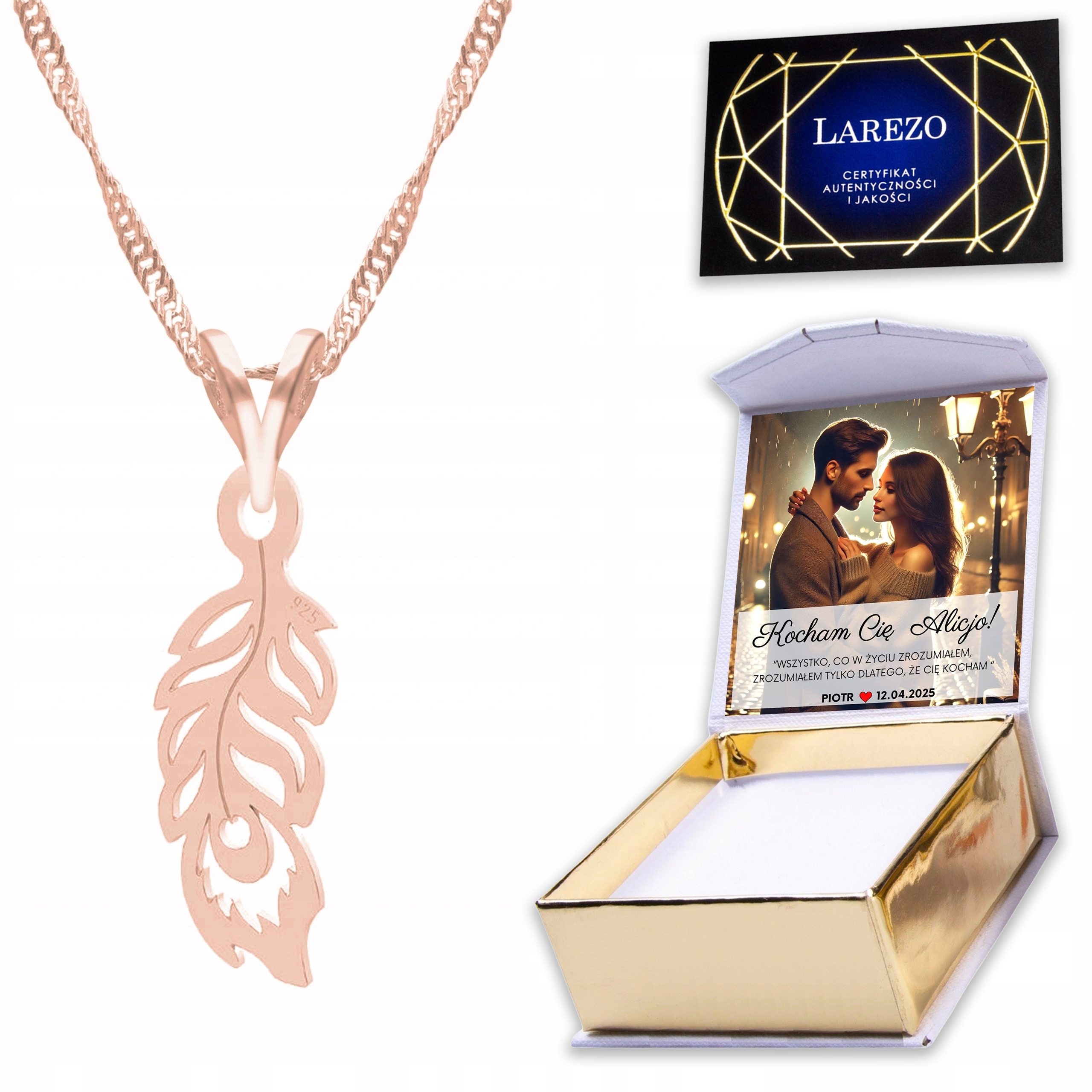 Pozlacený náhrdelník 925 s pavím perem Pírko Paví pero Potisk