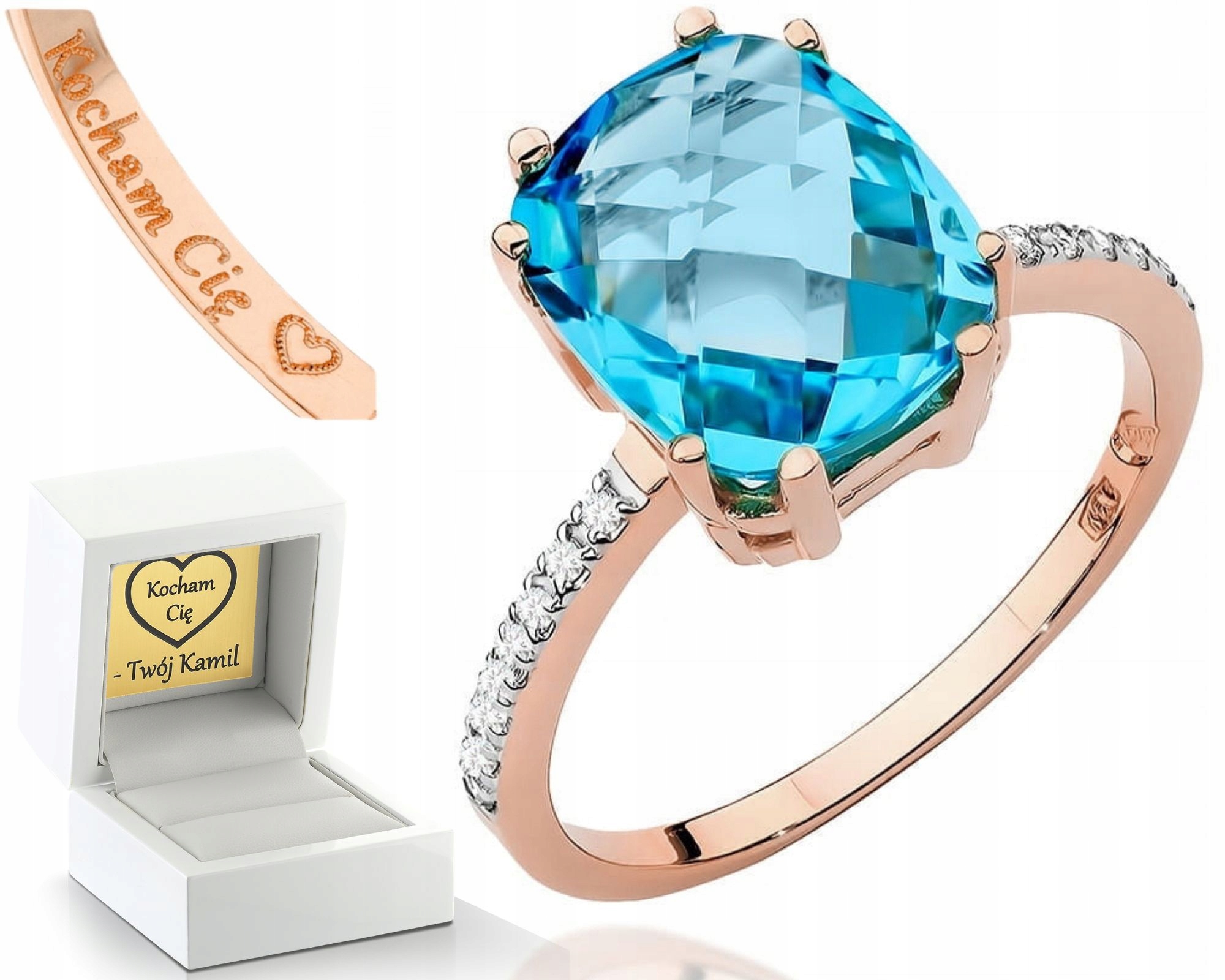 Prstýnek S Topazem A Diamanty Růžové Zlato Gravírování 585 Dárek