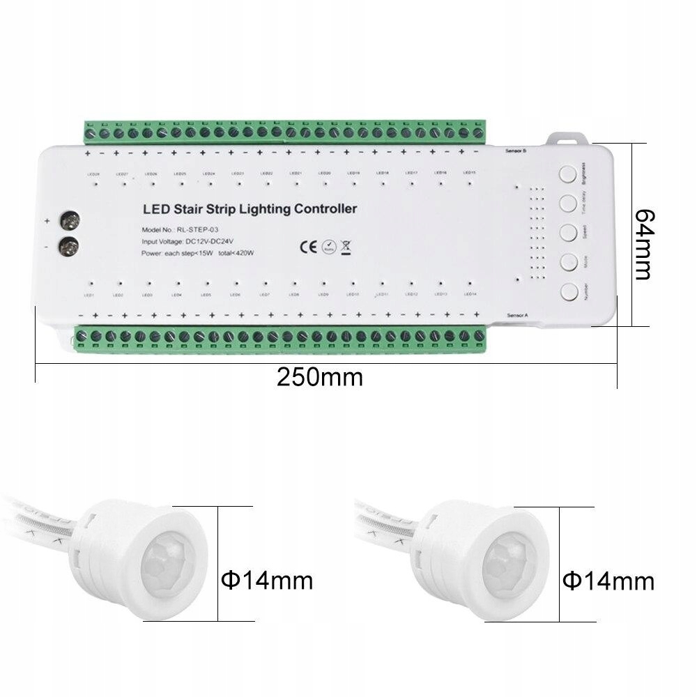 STEROWNIK SCHODOWY 28 STOPNI 240W 12V 24V + PIR Stan opakowania oryginalne