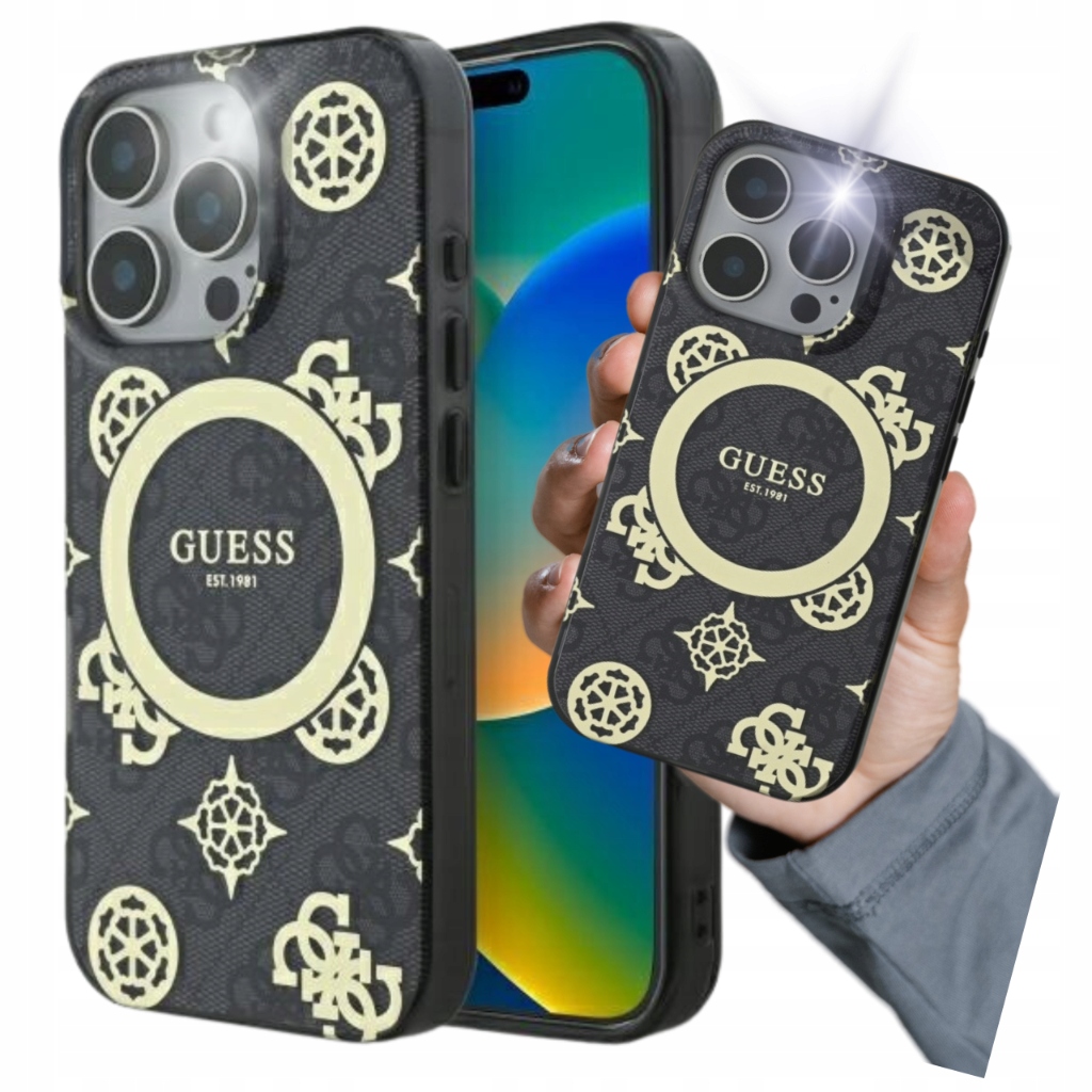 Etui Guess IML Peony On 4G Background MagSafe na iPhone 16 Pro Max czarne