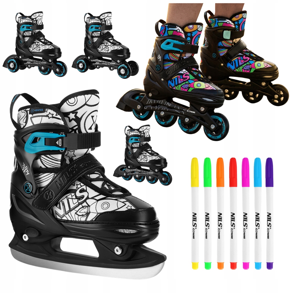 Łyżwy Artystyczne Regulowane 4w1 Z Płozą Hokejową Zestaw 7 Markerów 35-38