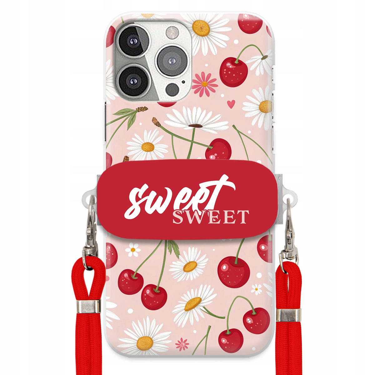 Puzdro pre iPHONE 13 Pro Červené vodítko Crossbody držiak Sweet Kvet čerešne