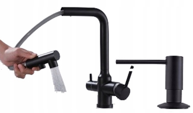 Kuchynská batéria trojcestná pre filter čierna Livra Oceľový výtok sada