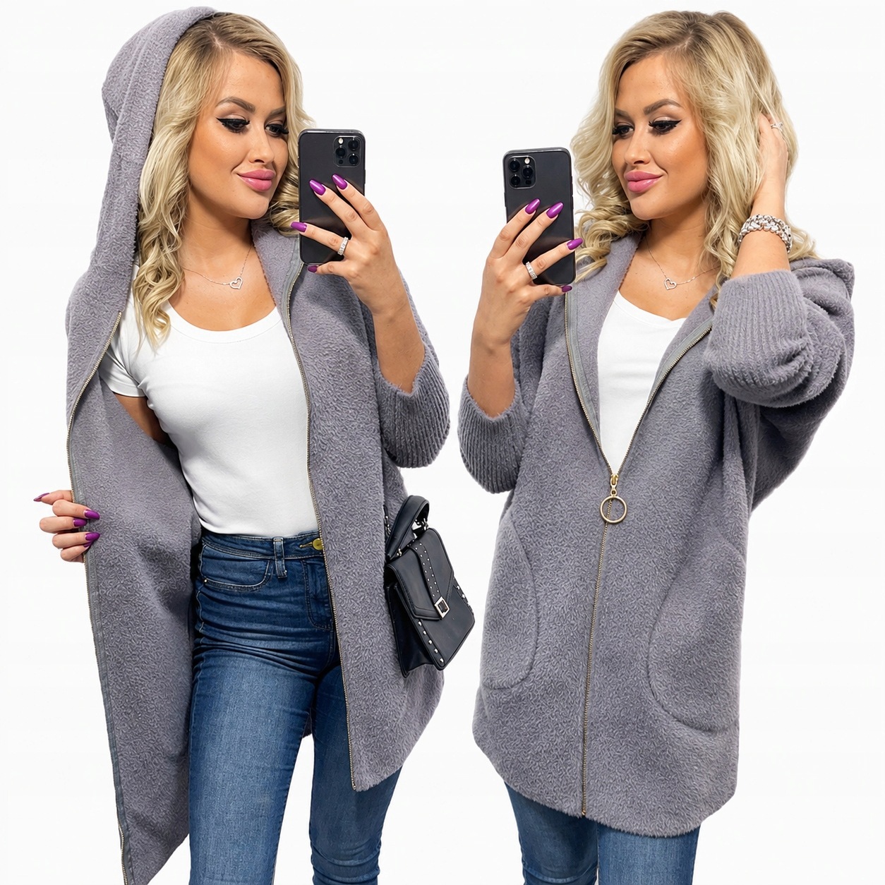 Alpaki Zip Kabát Vlna Barvy oversize Dlouhý Šedý
