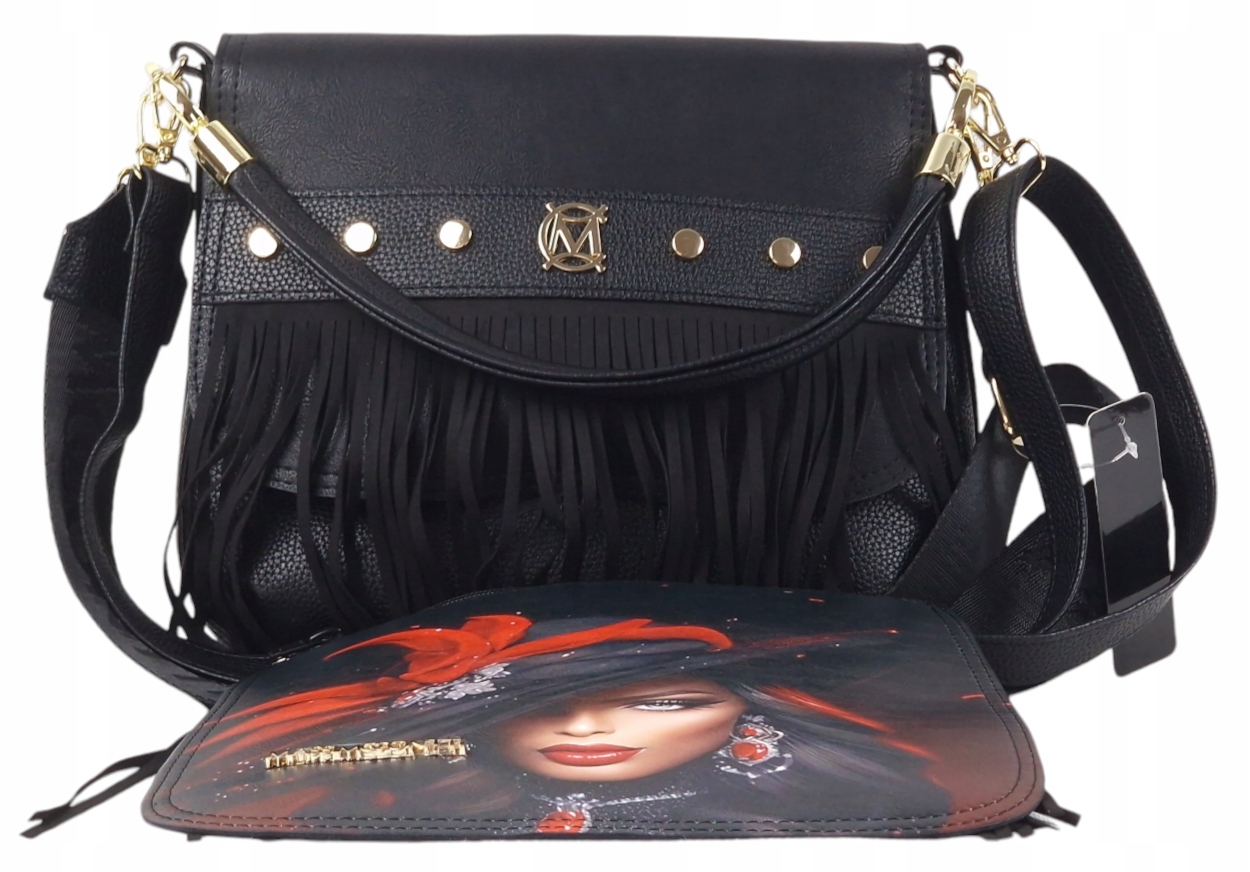 Massimo Contti kabelka přes rameno s vyměnitelnou klopou a střapci, černá