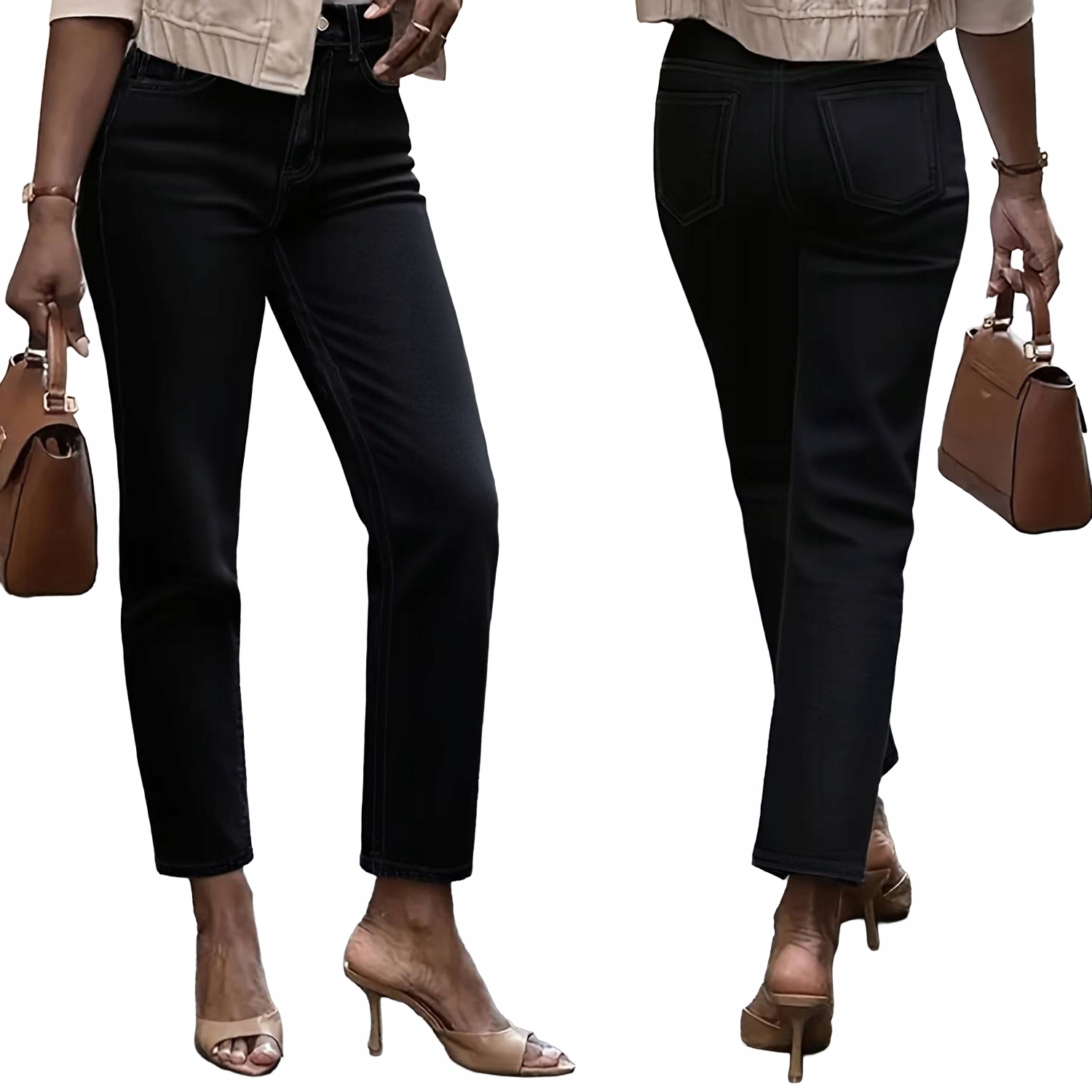 Damskie Spodnie Mom Fit Jeansy Wysoki Stan Luźne Nogawki Czarne