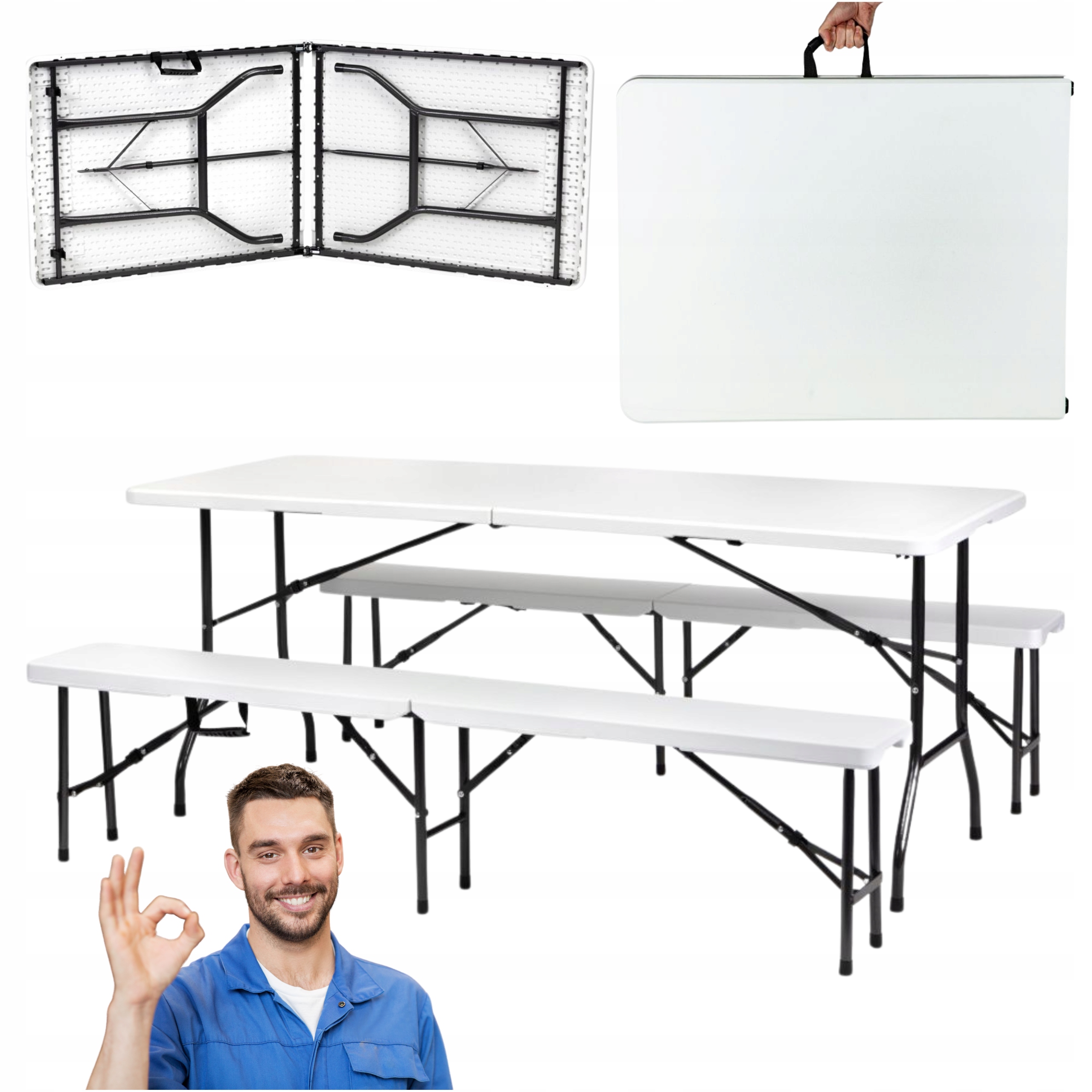 Stół Cateringowy Z Ławkami Składany W Walizkę Biały Zestaw 180cm 3x Walizka
