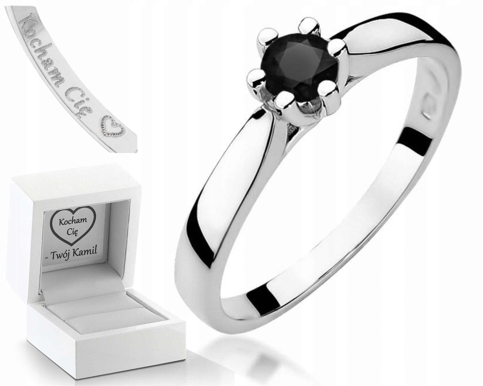 Bílé Zlato Prstýnek Na Zásnuby Černý Briliant Gravírování 585 Bonus