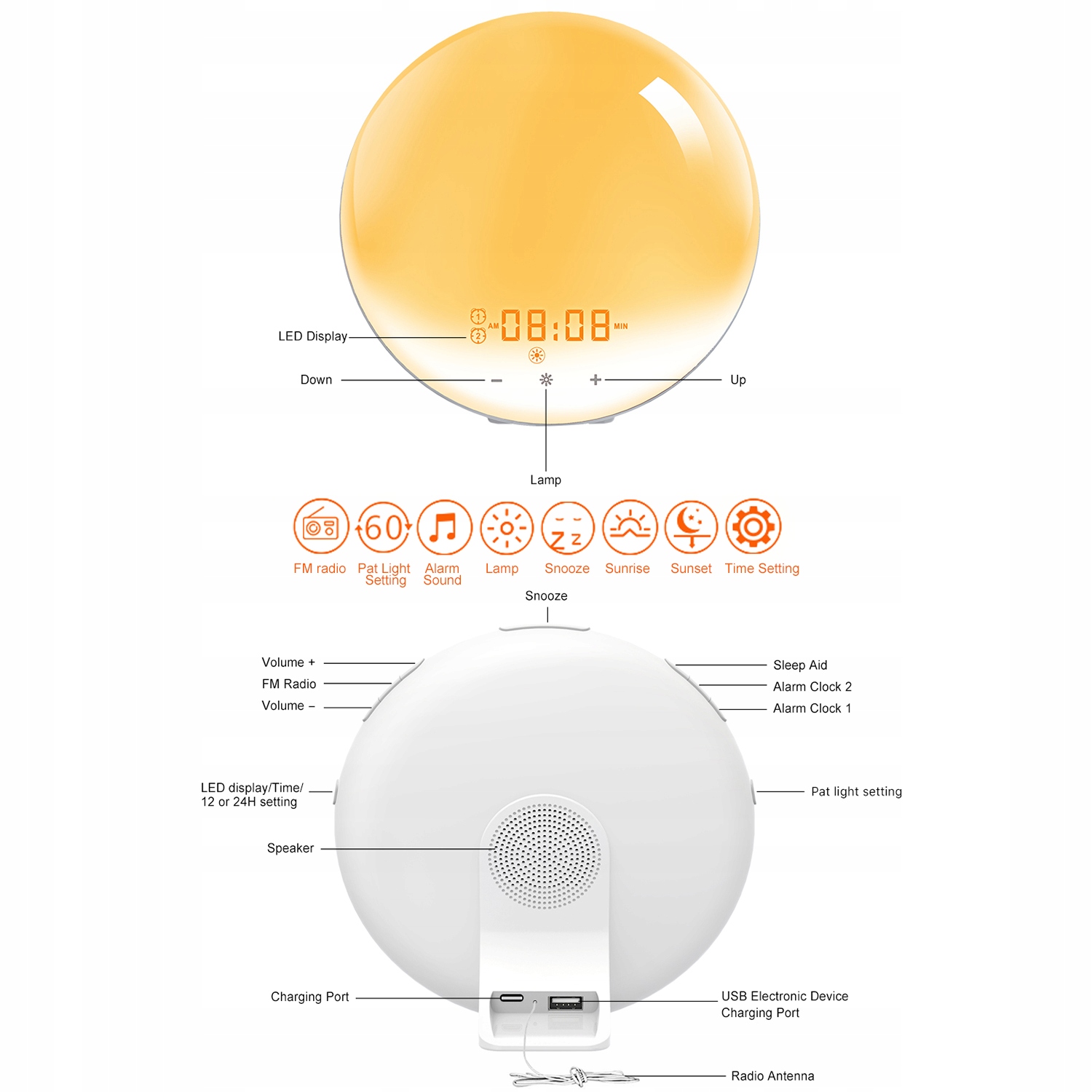 ZEGAR. BUDZIK. SYMULACJA WSCHODU, ZACHODU SŁOŃCA Średnica 17 cm
