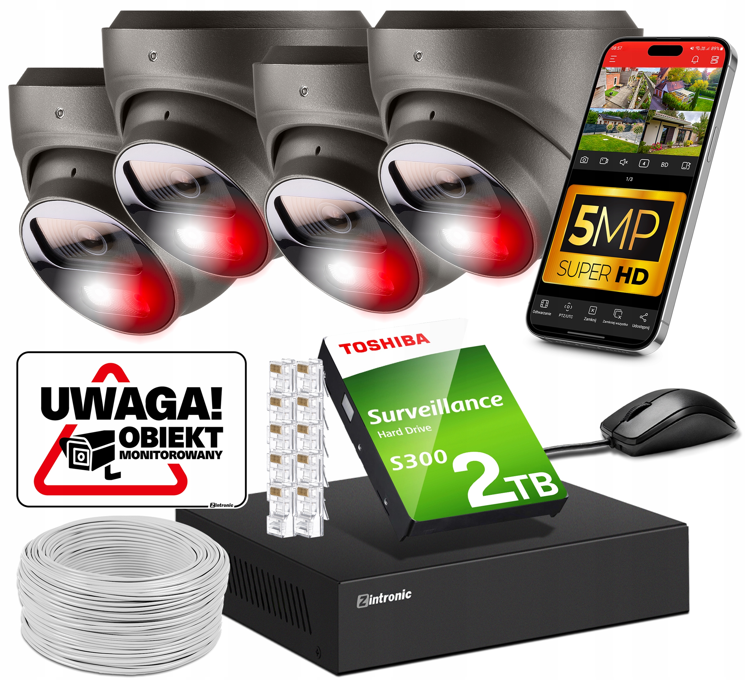 Sada kamer pro Ip PoE Monitorování 4 Kamery 5MPx Šedá Audio Detekce 2TB