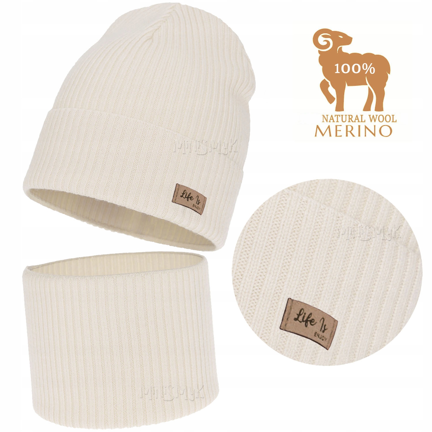 Ecru Kremowy Komplet Wełna Merino Czapka Komin jesień wiosna Prążek r 50-52