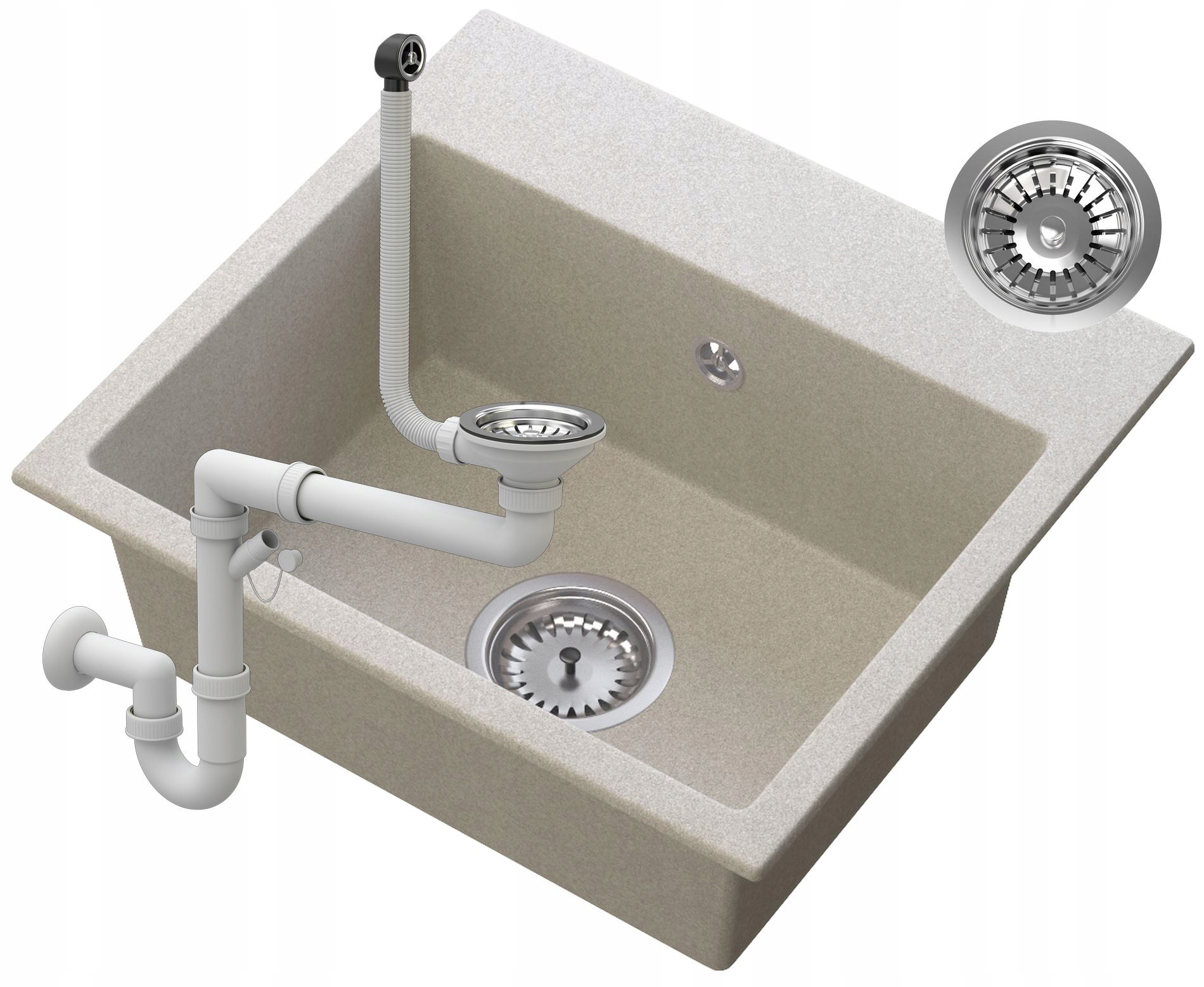 

Zlewozmywak Granitowy Beżowy Z Syfonem Chrom Milos