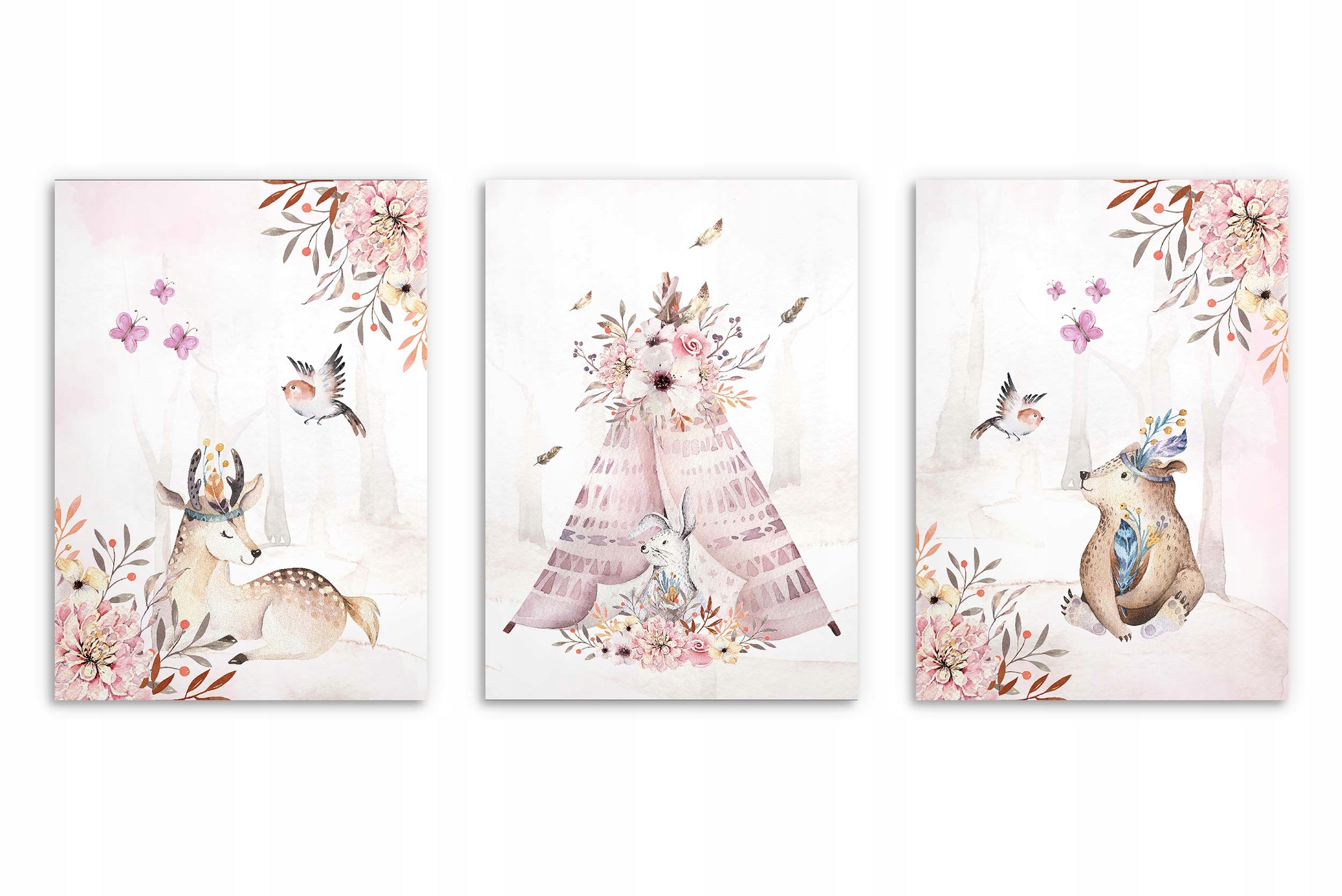 Plakaty dziecięce Zestaw Las Boho Pastelowy róż Obrazy dla dzieci 50x70