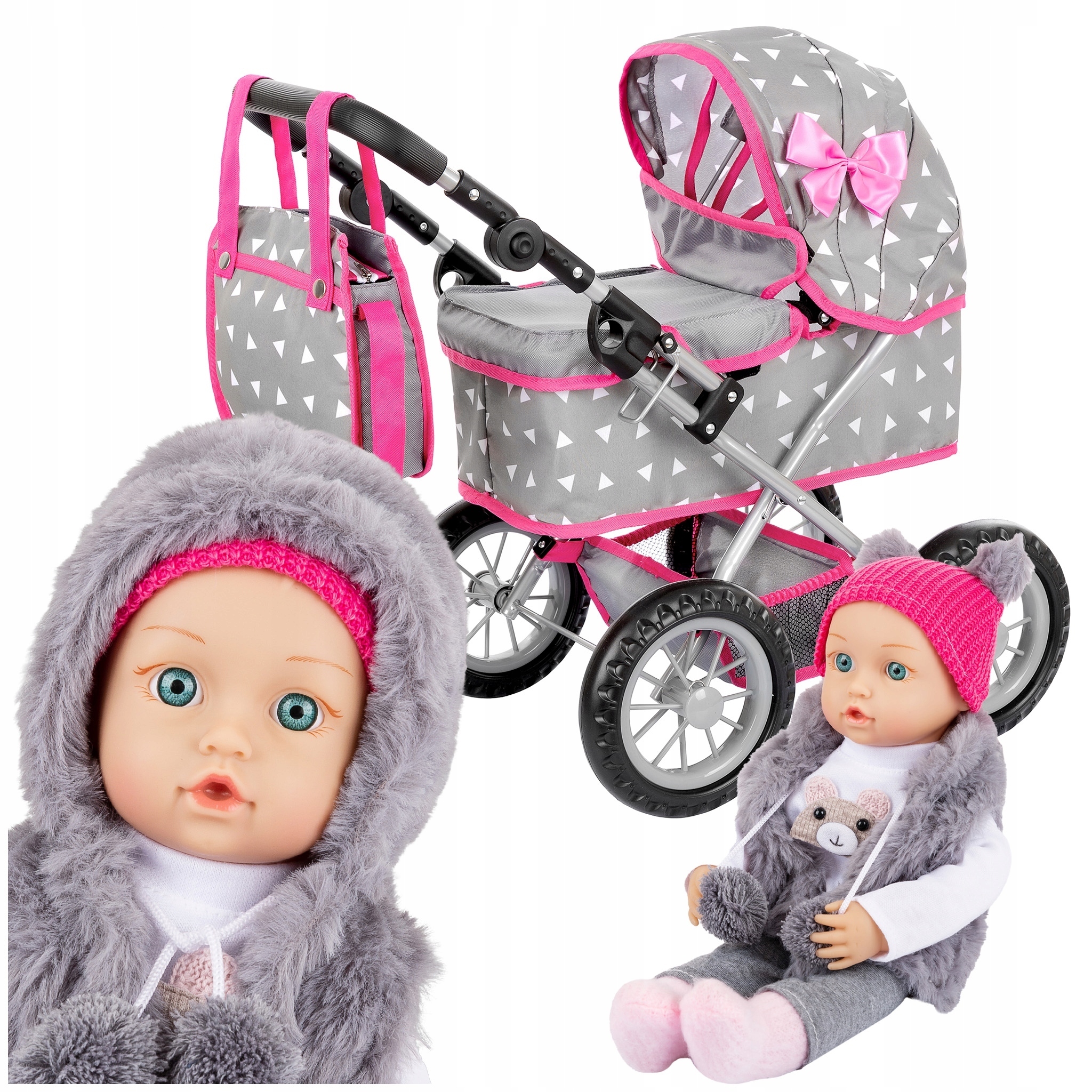 KINDERPLAY WÓZEK DLA LALEK GŁĘBOKI GONDOLA SKŁADANY TORBA + LALKA BOBAS