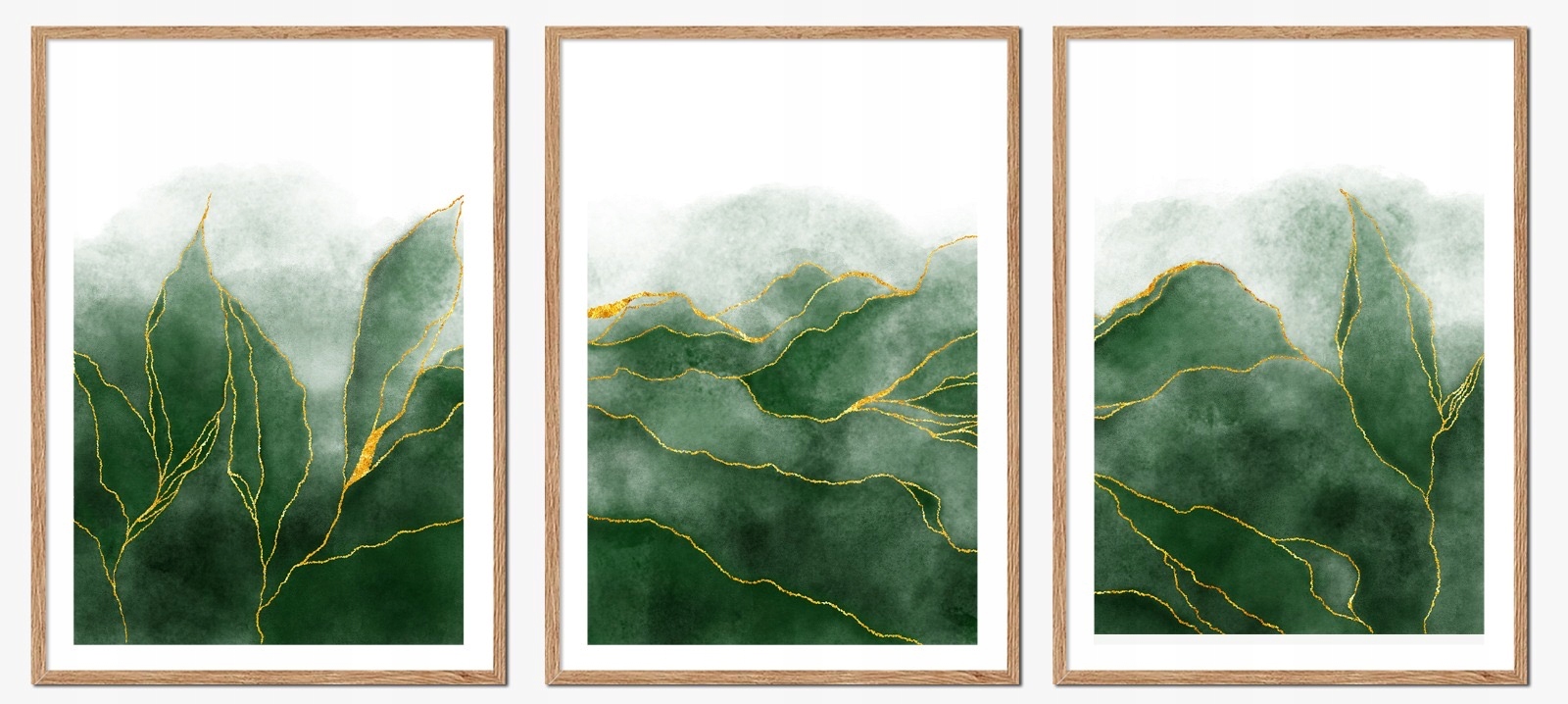 Triptyk Sada 3 Obrazů V Rámu zelené zlaté listy rostliny P2586_43x53