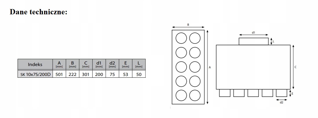 Skrzynka ROZDZIELACZ DWURZĘDOWY 10x75/200 REKUPERACJA ATEST Marka Wentpax