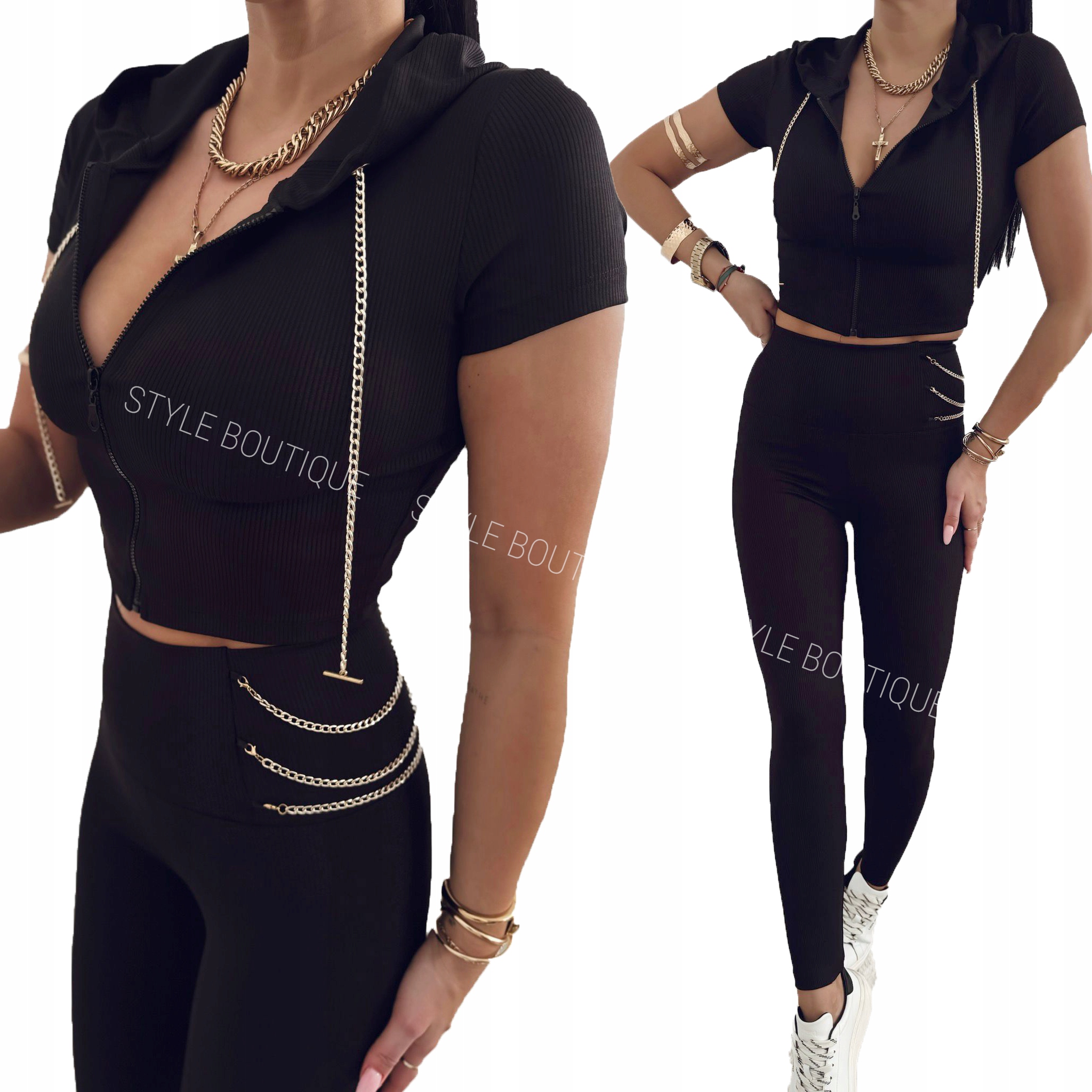 Komplet halenka s kapucí na zip legíny Černý 2026 stylový M