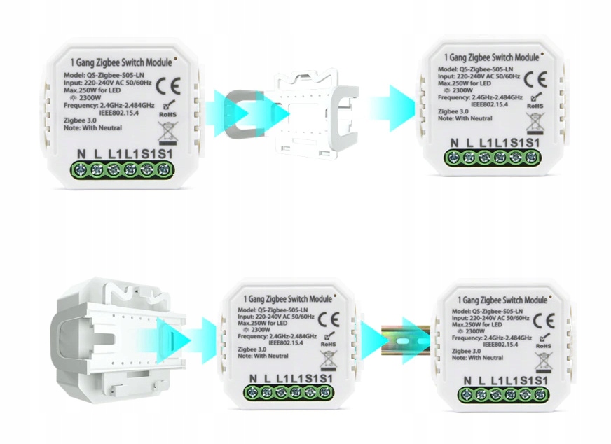 Moduł MINI Przekaźnik DOPUSZKOWY 1 obwód ZigBee TUYA Home Assistant #bez N Rodzaj sterownik