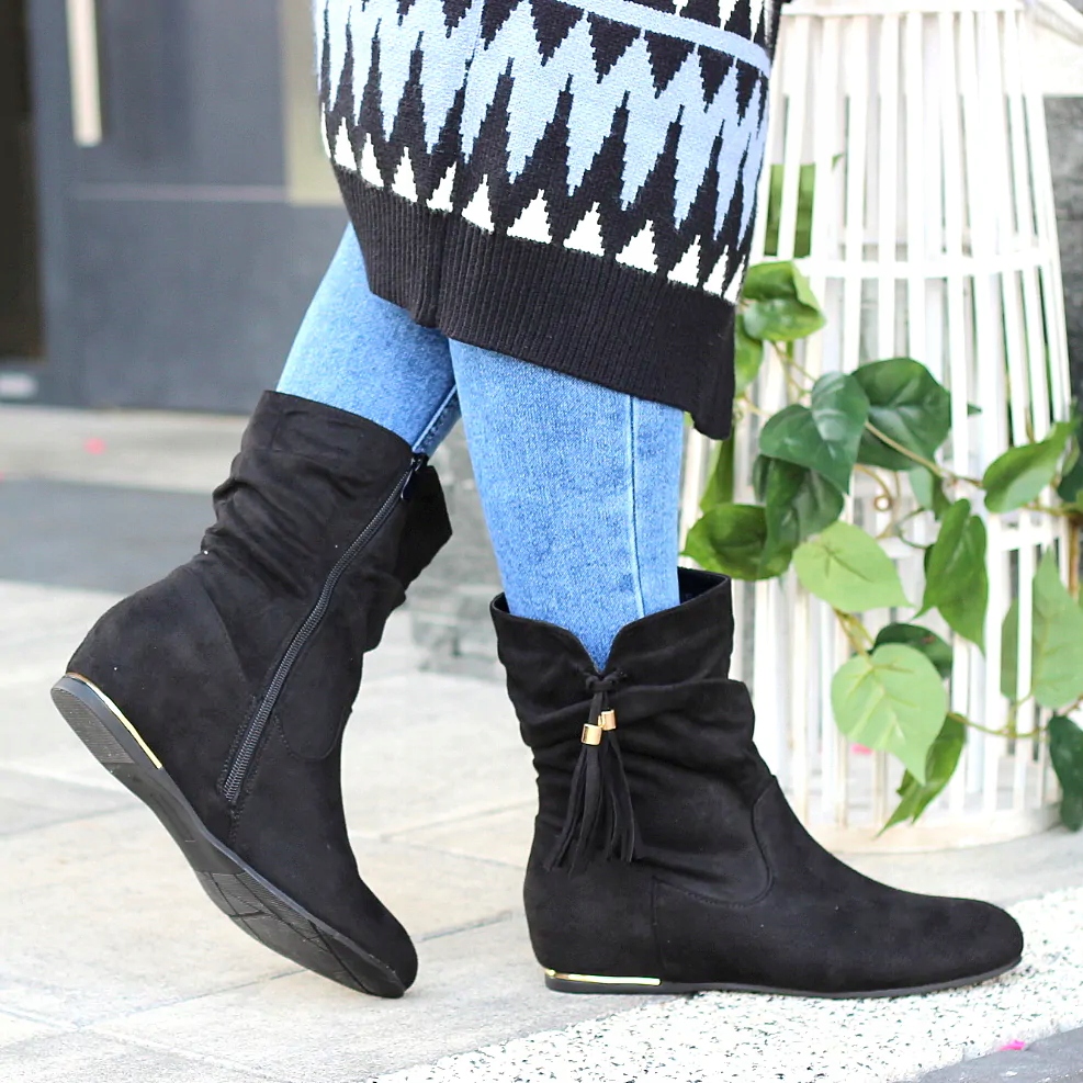 CZARNE ZAMSZOWE BOTKI DAMSKIE SASZKI Z FRĘDZLEM 36 Rozmiar 36